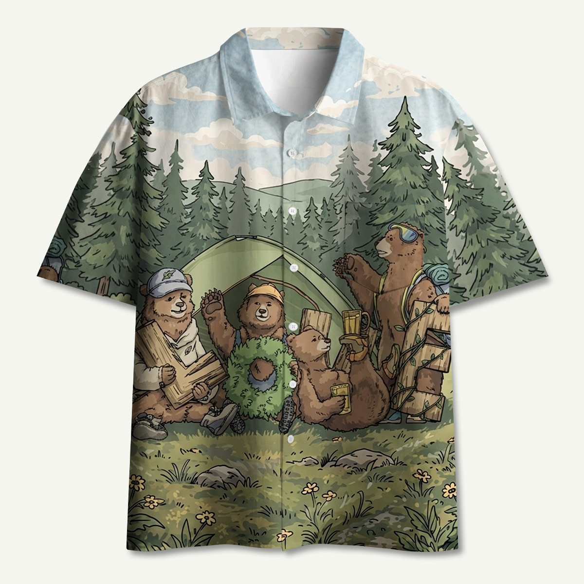 Happy Camping Bears Hawaii Button Up Pocket Shirt