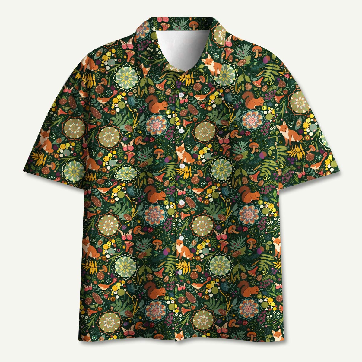 Woodland Fox & Forest Floral Hawaii Button Up Pocket Shirt