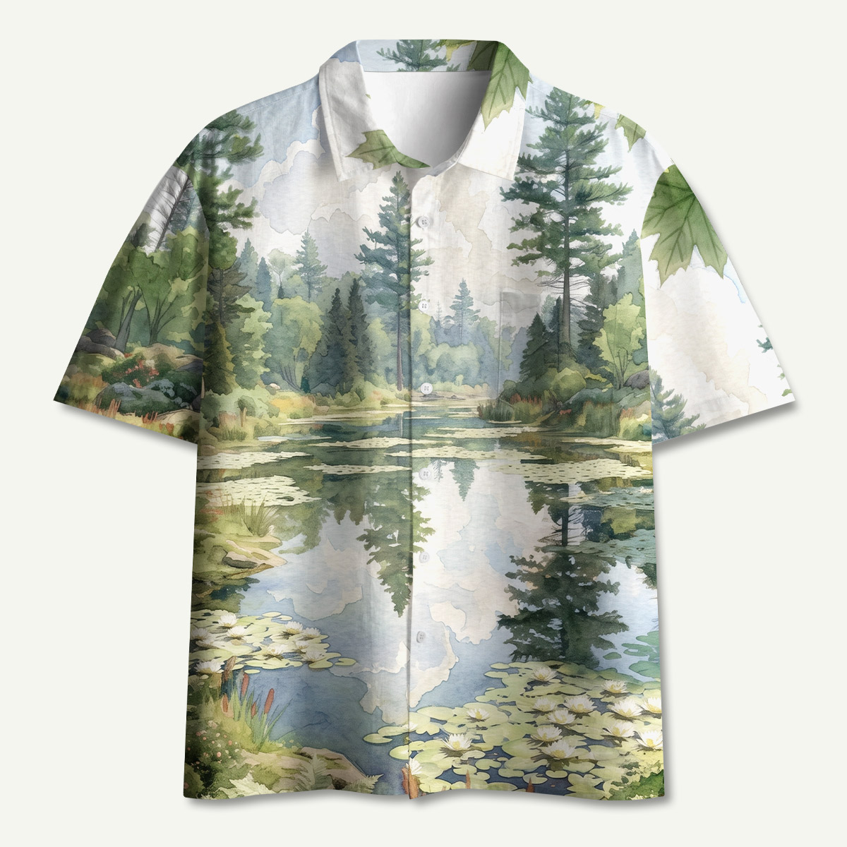 Watercolor Forest Lake Hawaii Button Up Pocket Shirt