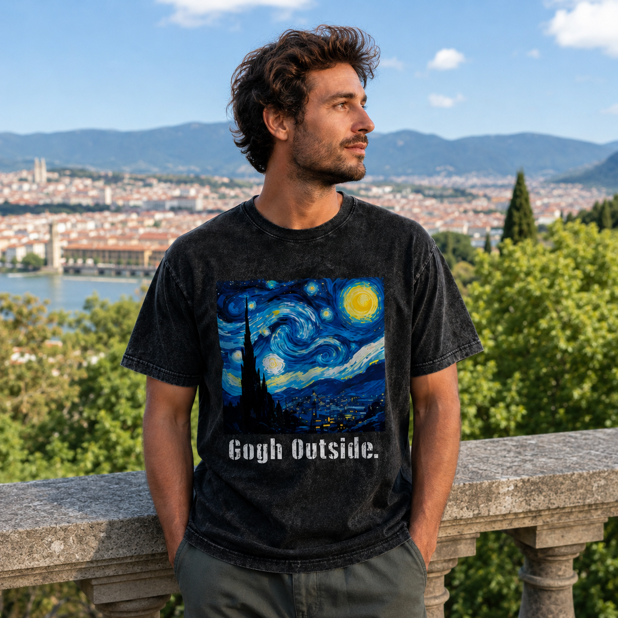 Swirl Night Sky Gogh Outside Washed T-Shirt