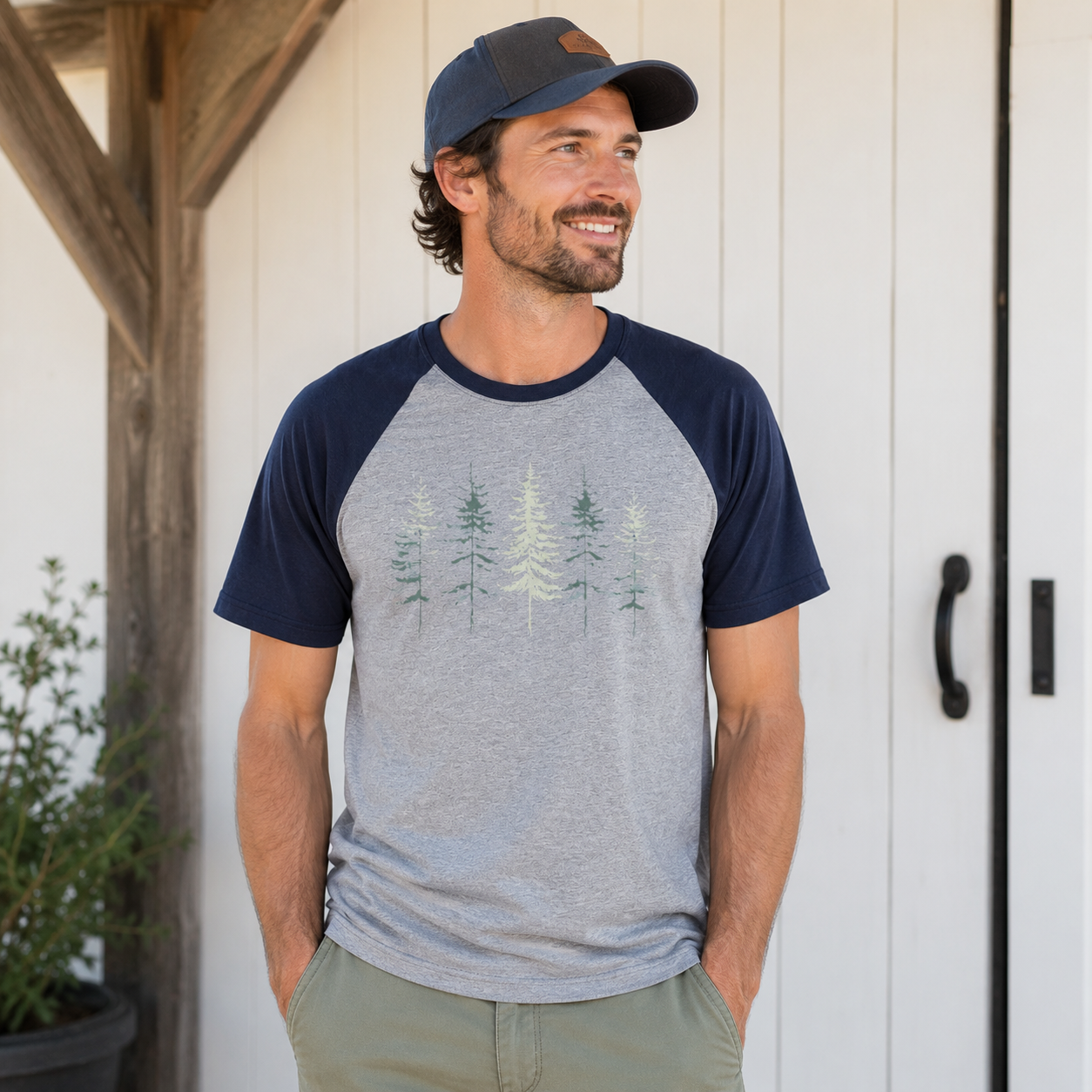 Minimal Pine Forest Silhouette Raglan T-Shirt