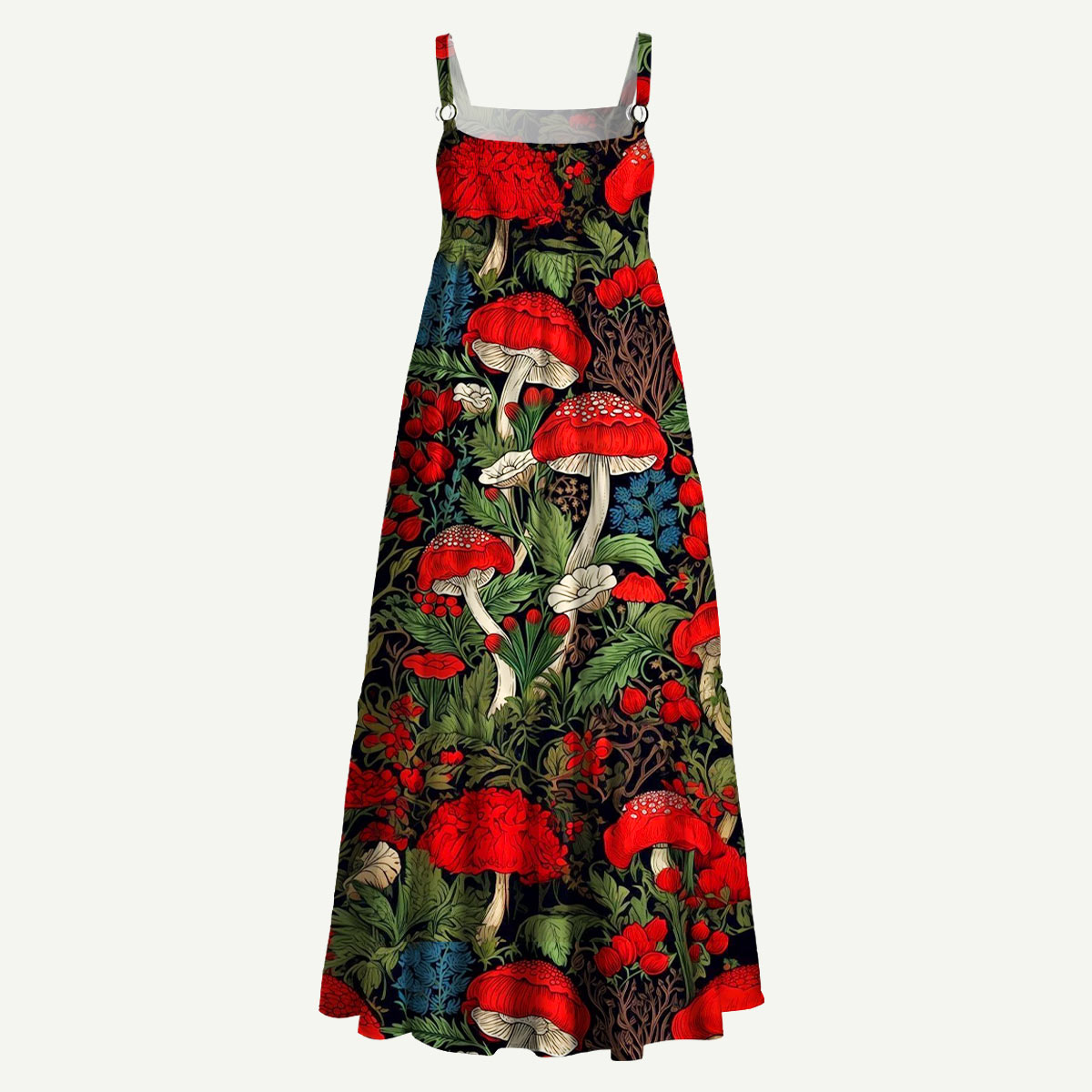 Red Mushroom and Woodland Botanical Straps Maxi Dress