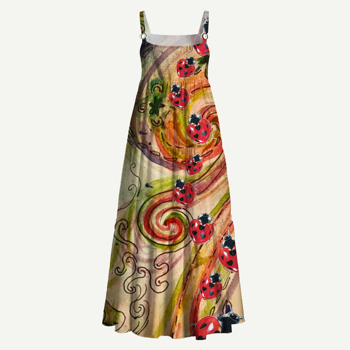 Ladybug Swirl Art Straps Maxi Dress With Pocket