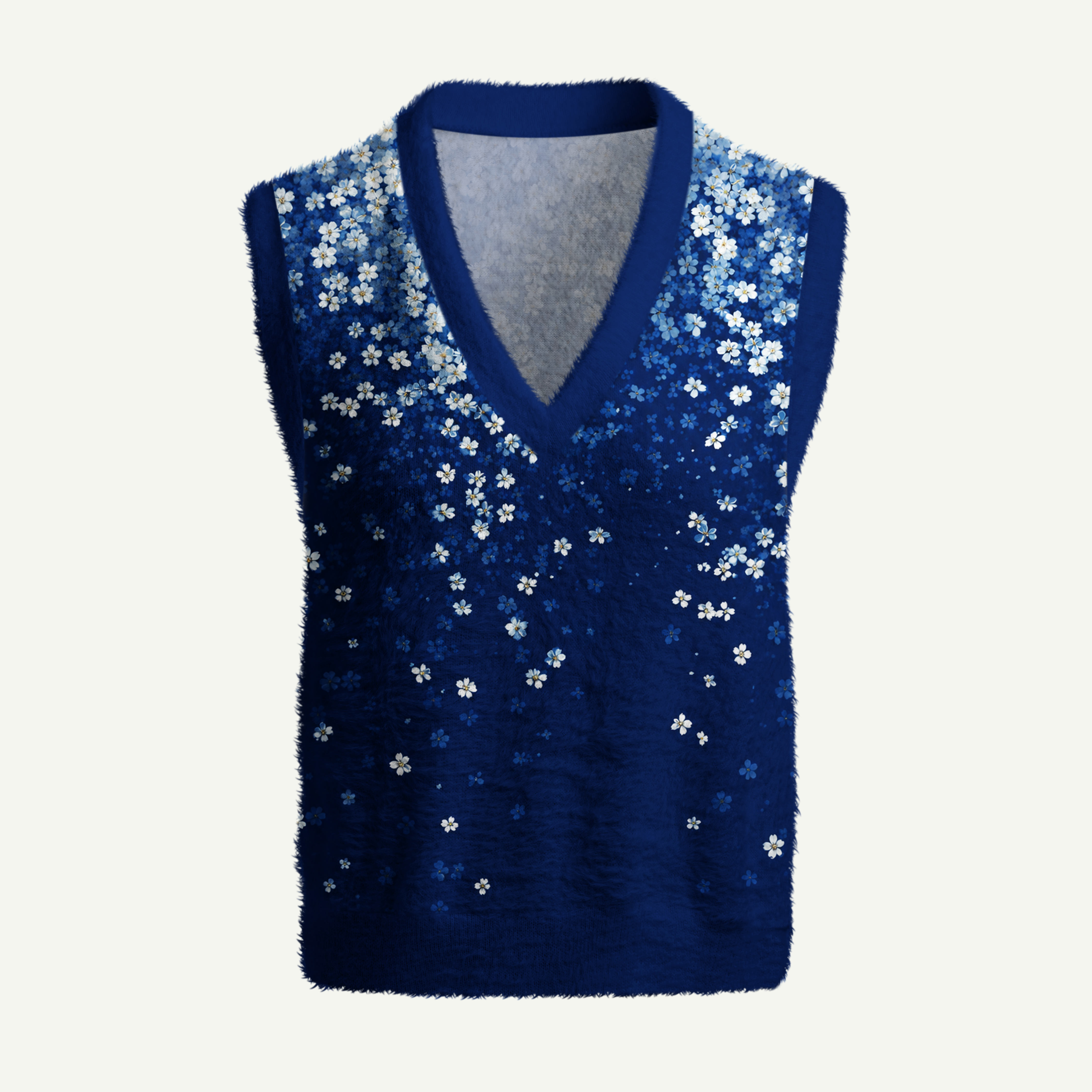 Midnight Blue Cascading White Flowers Women's Fuzzy Vest Sweater