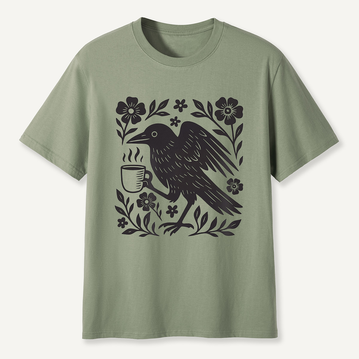 MDCTBYWY26071701Coffee Crow Folk Art T-Shirt