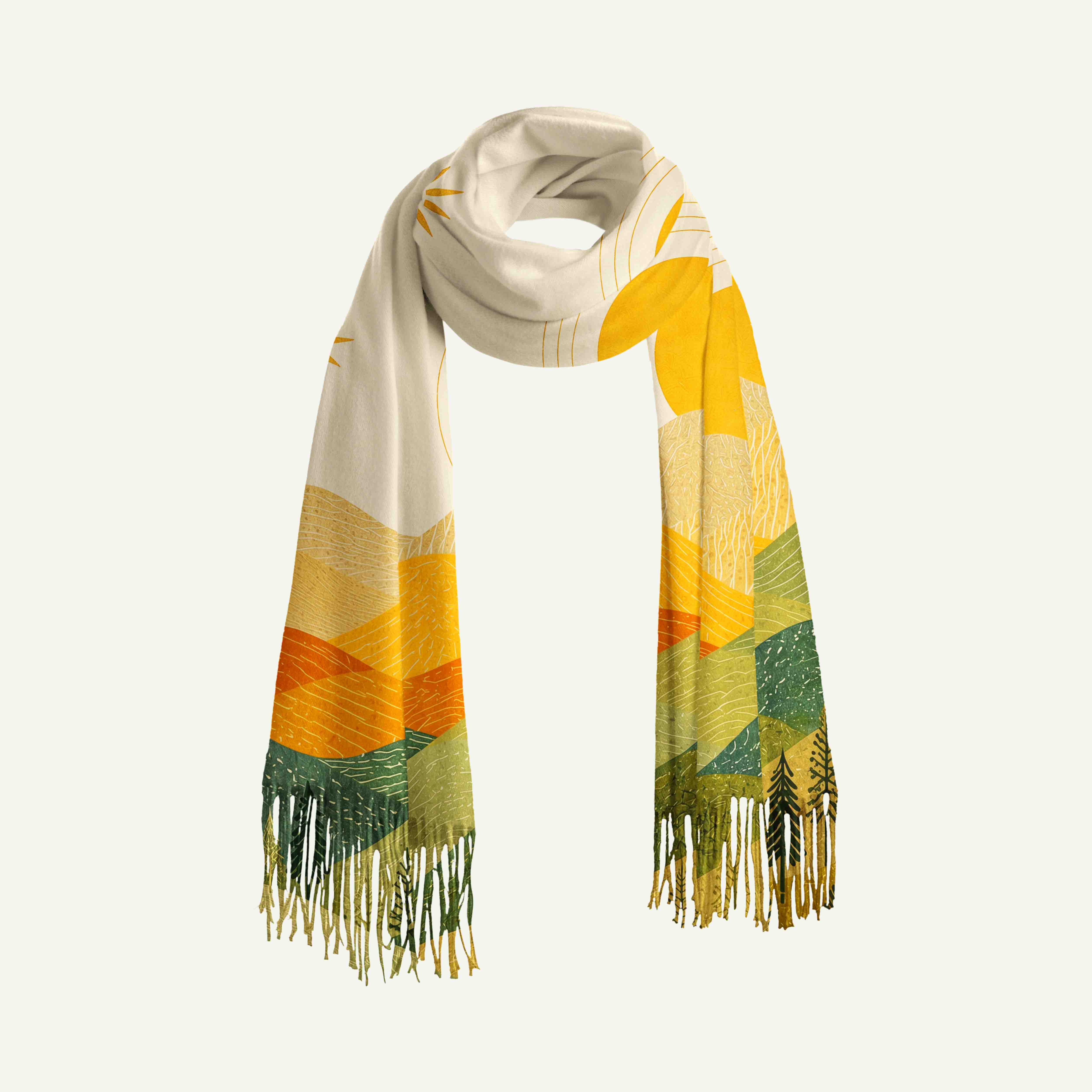 Layered Mountain Long Cashmere Scarf with Tassels