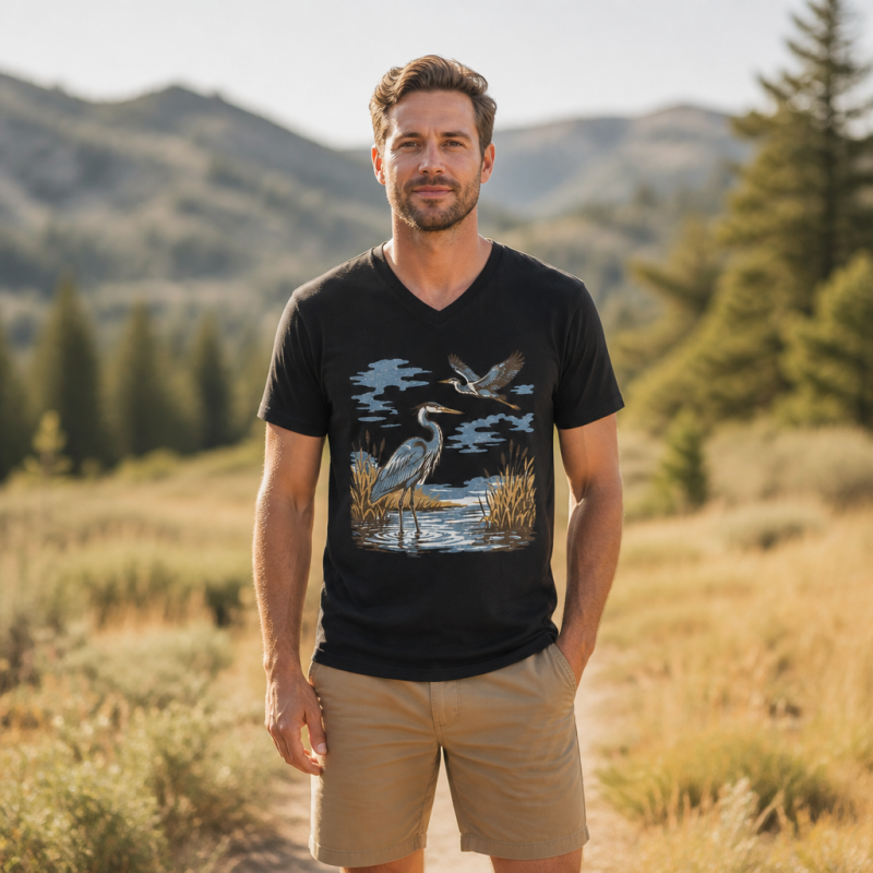Vintage Heron Wetland Bird Nature V-neck T-Shirt