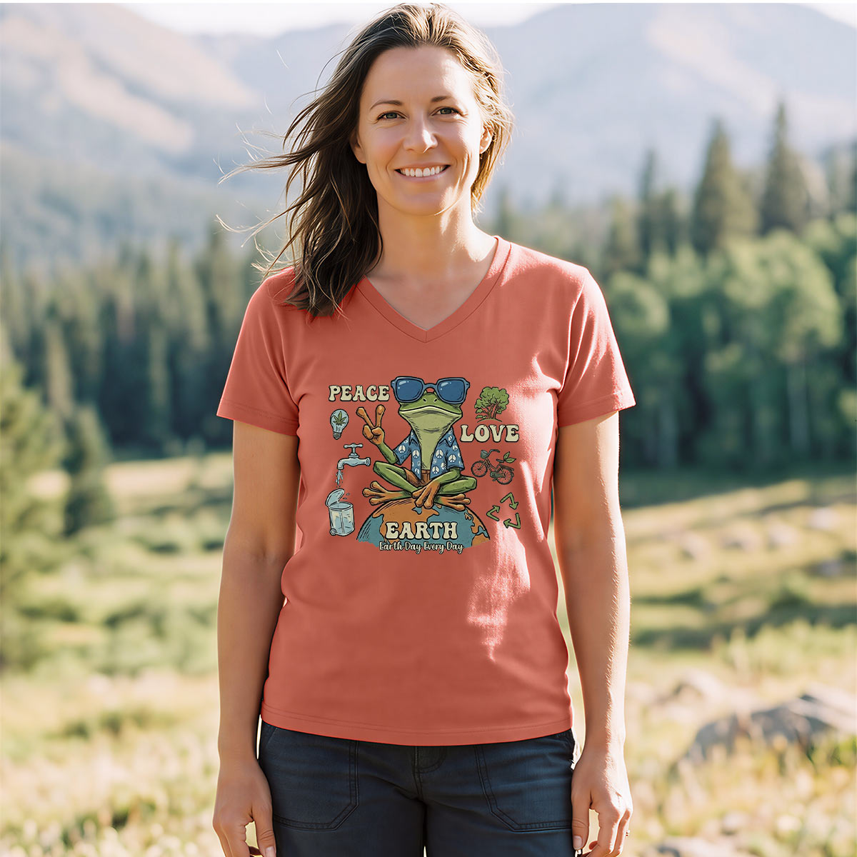 Peace Love Earth Frog V-neck T-Shirt