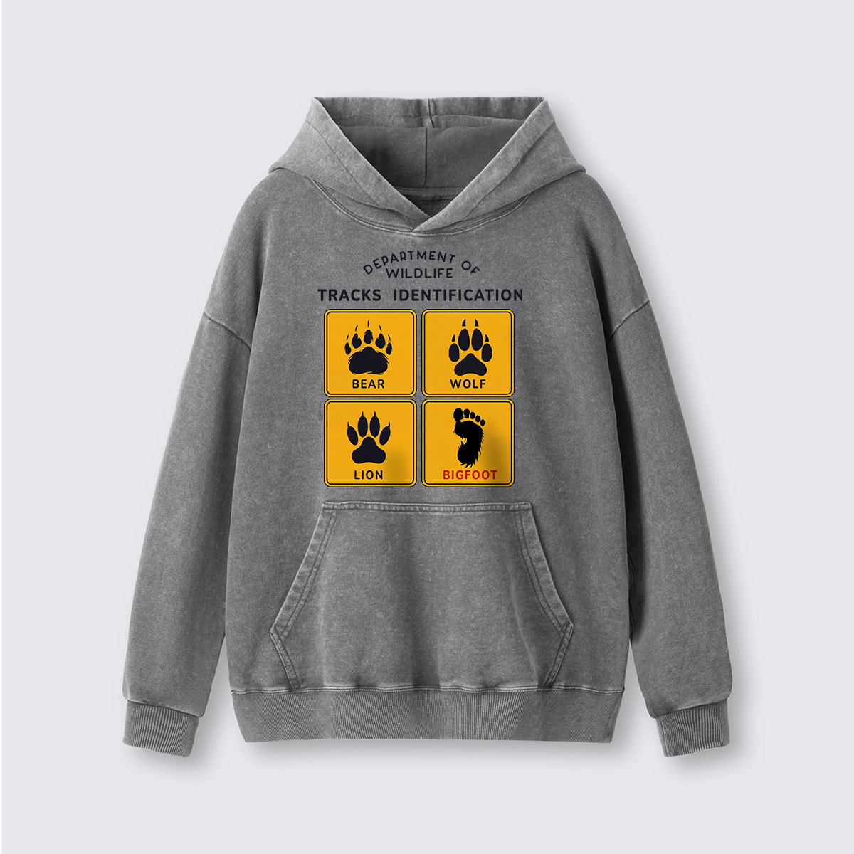 Department of Wildlife Tracks Identification Bear Wolf Lion Cryptids Washed Hoodie