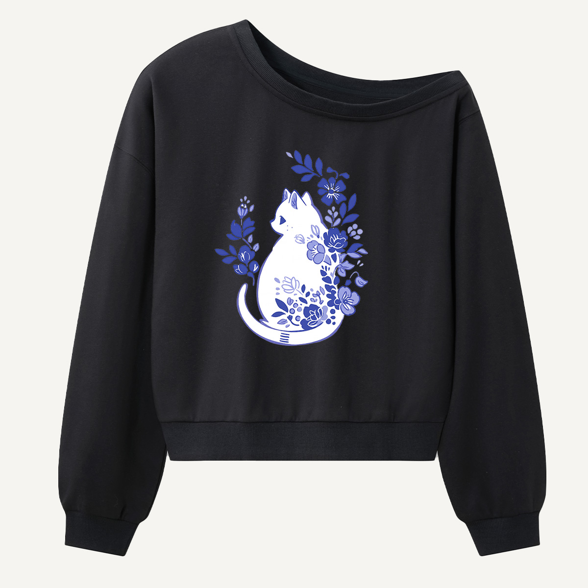 Blue Floral Bottle Art Women Off Shoulder Sweatshirt