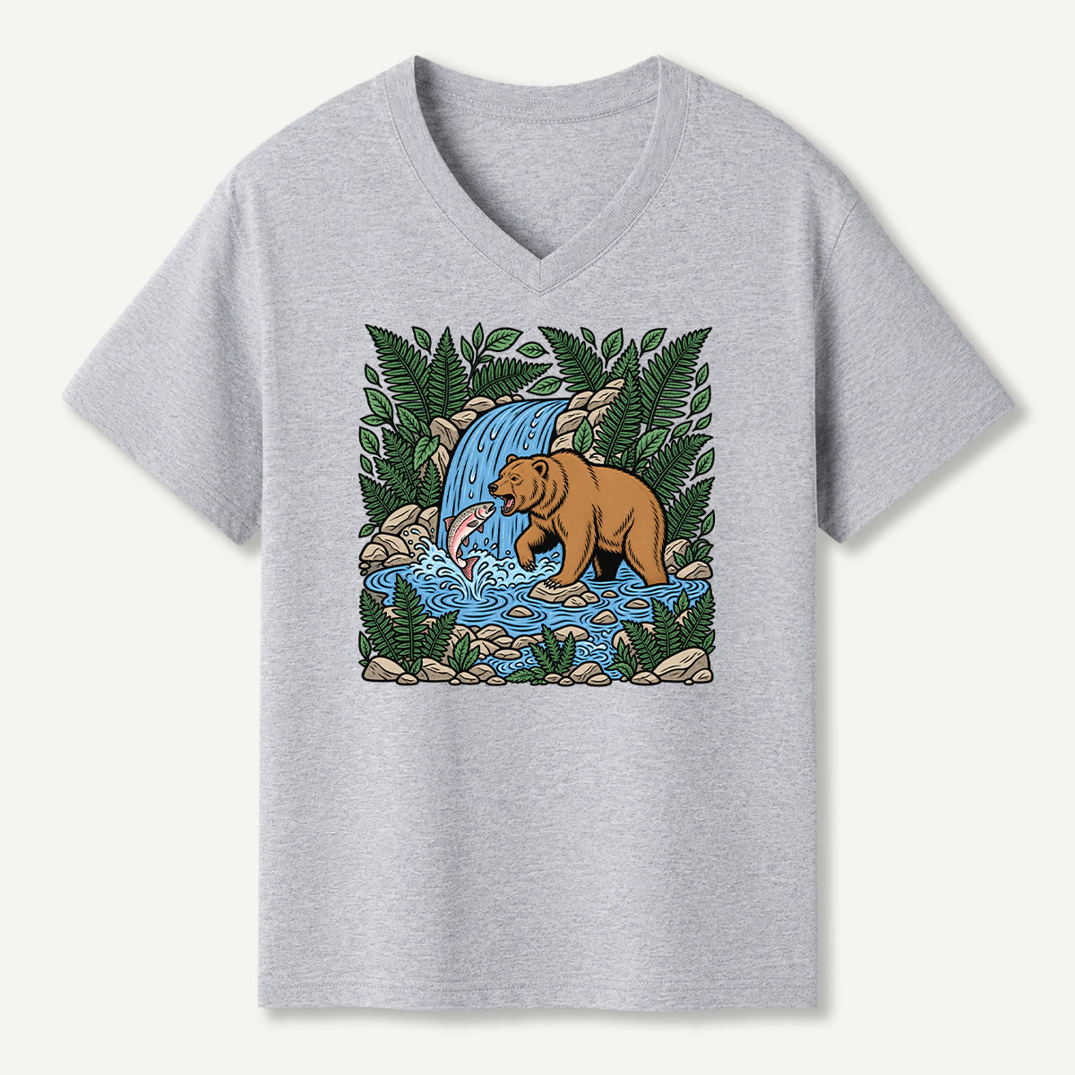 Brown Bear Fishing Salmon Waterfall Forest Art V-neck T-Shirt