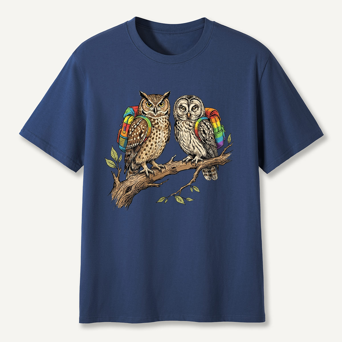 Couple Owls on Branch with Rainbow Backpacks T-Shirt