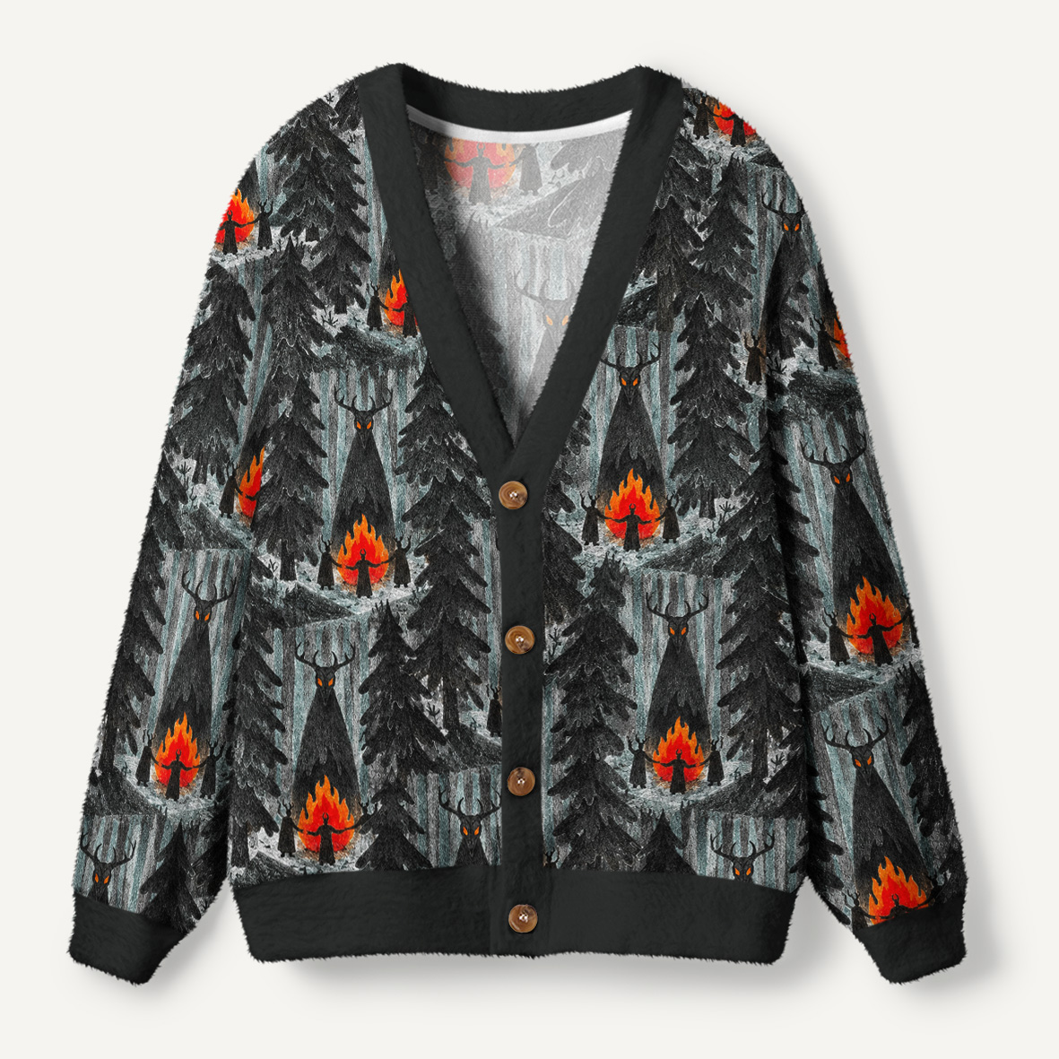 Antlered Forest Spirit And Midnight Bonfire Ugly Cardigan Sweaters