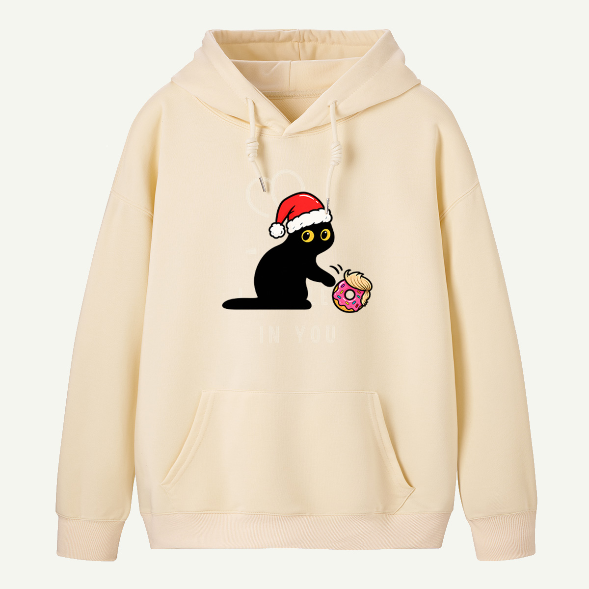 Mischievous Black Cat In Santa Hat Playing With Pink Donut Hoodie