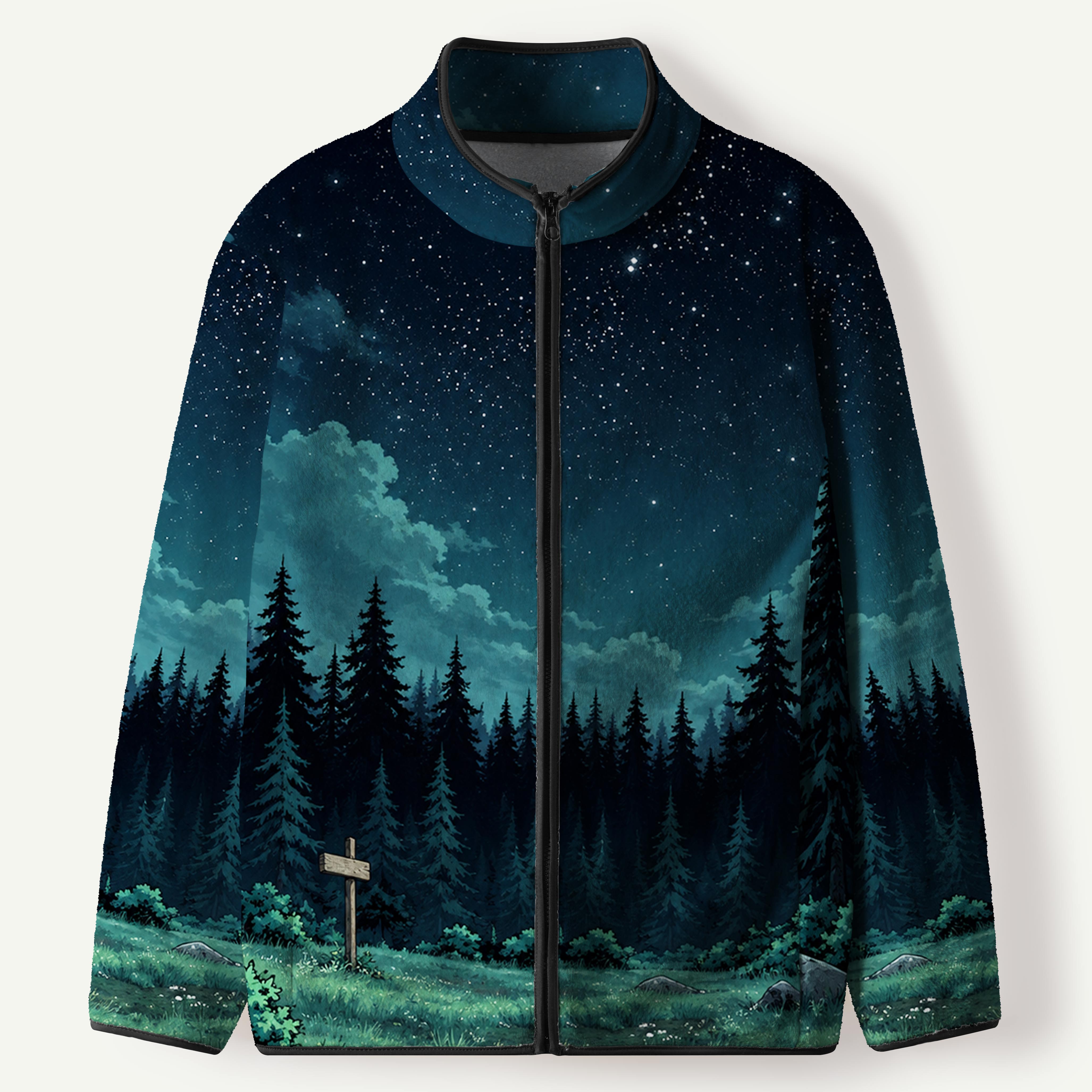 Starry Pine Forest Wilderness Night Men's Flannel Zip Front Cardigan