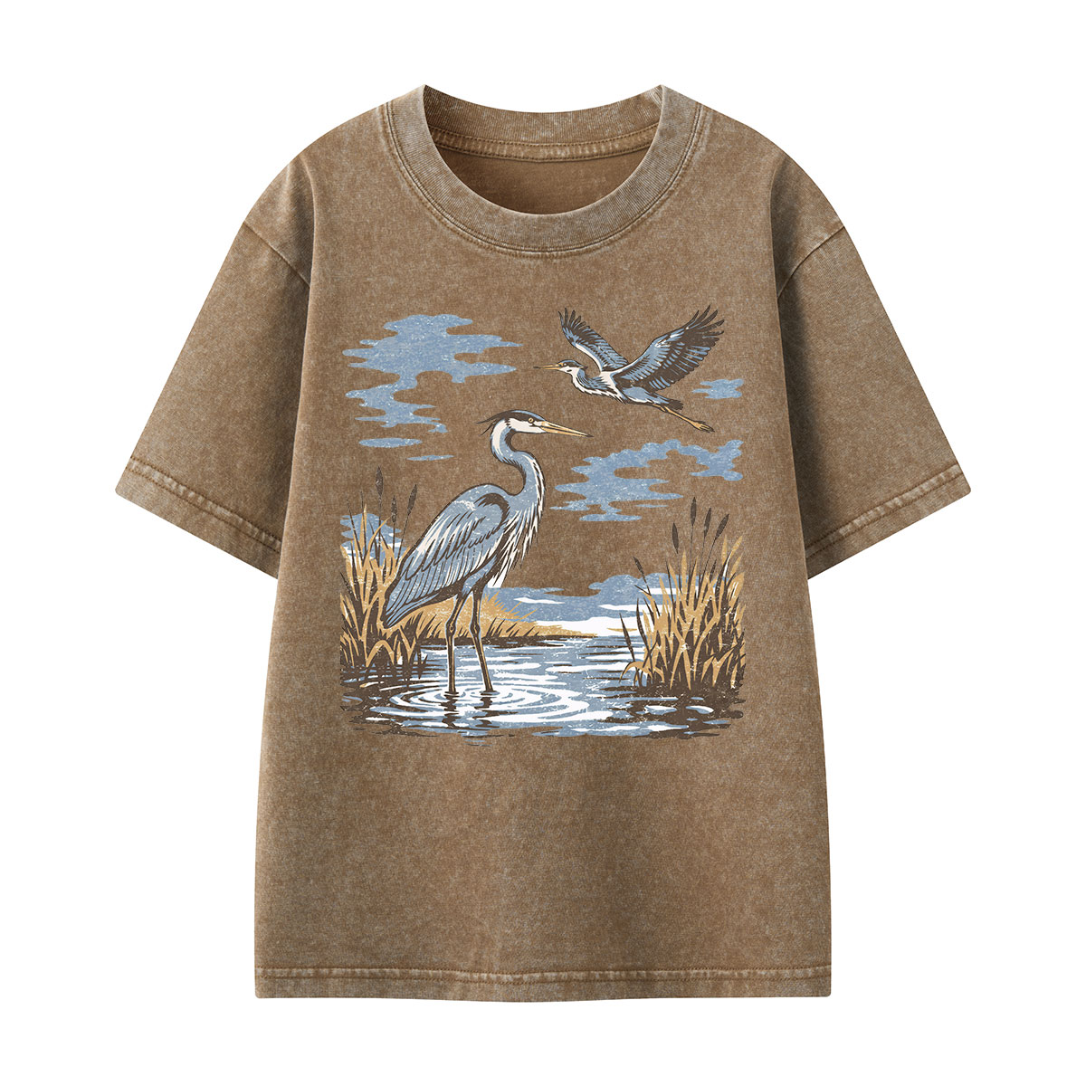 Vintage Heron Wetland Bird Nature Kids Washed T-Shirt