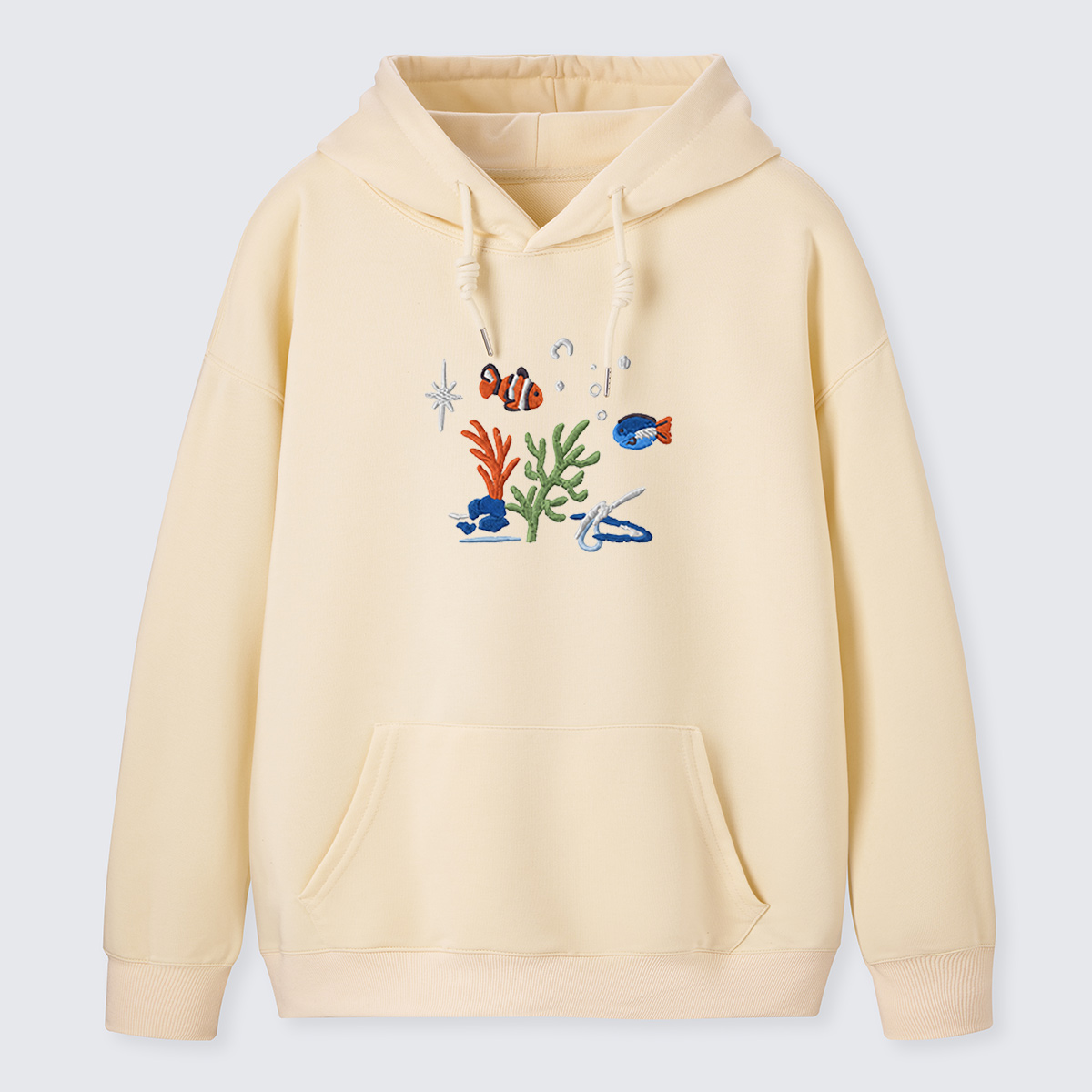 Underwater Reef Fish Embroidered Cotton Hoodie