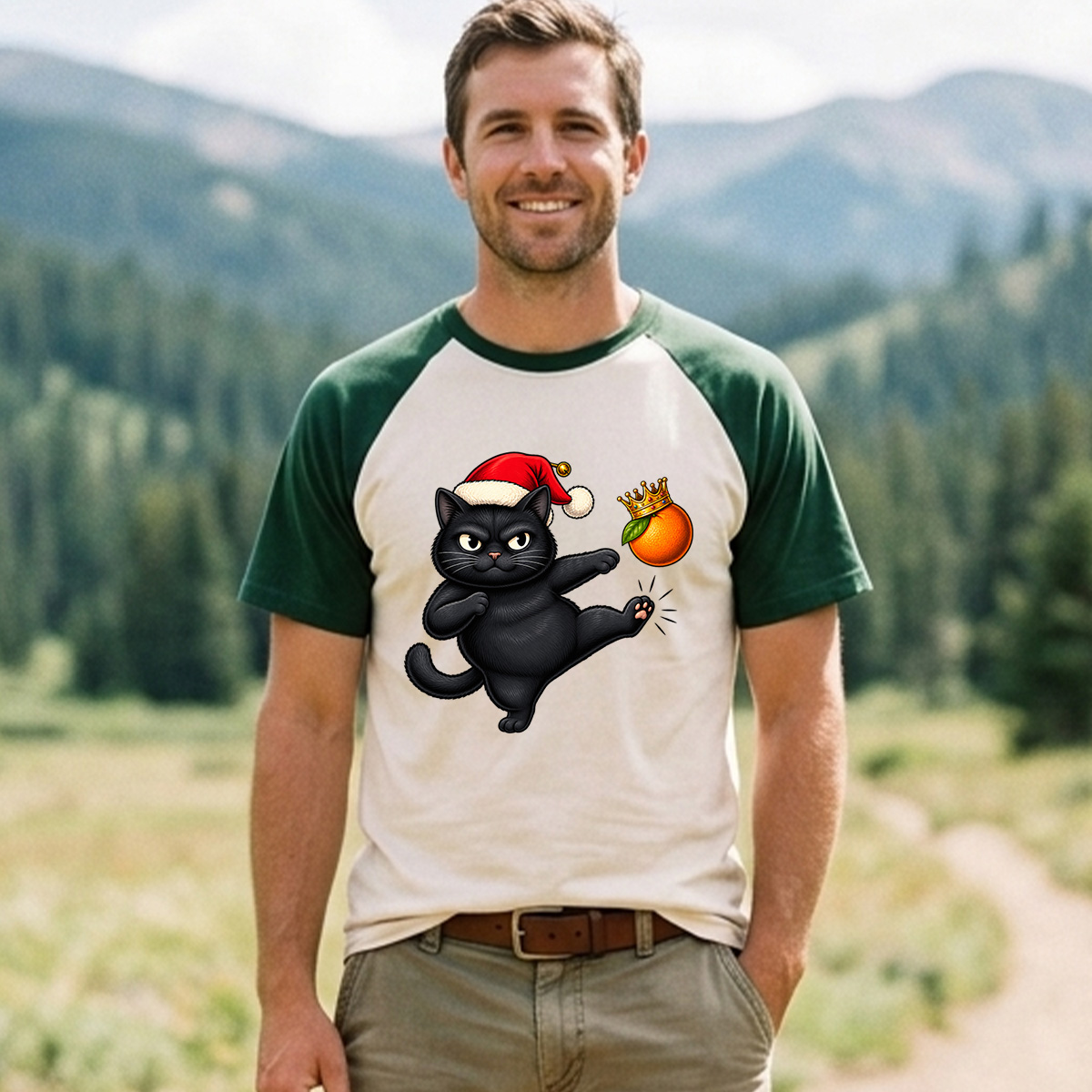 Santa Black Cat Kicking A Crowned Orange Raglan T-Shirt