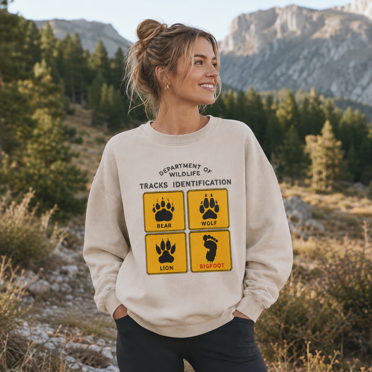 Department of Wildlife Tracks Identification Bear Wolf Lion Cryptids Washed Sweatshirts
