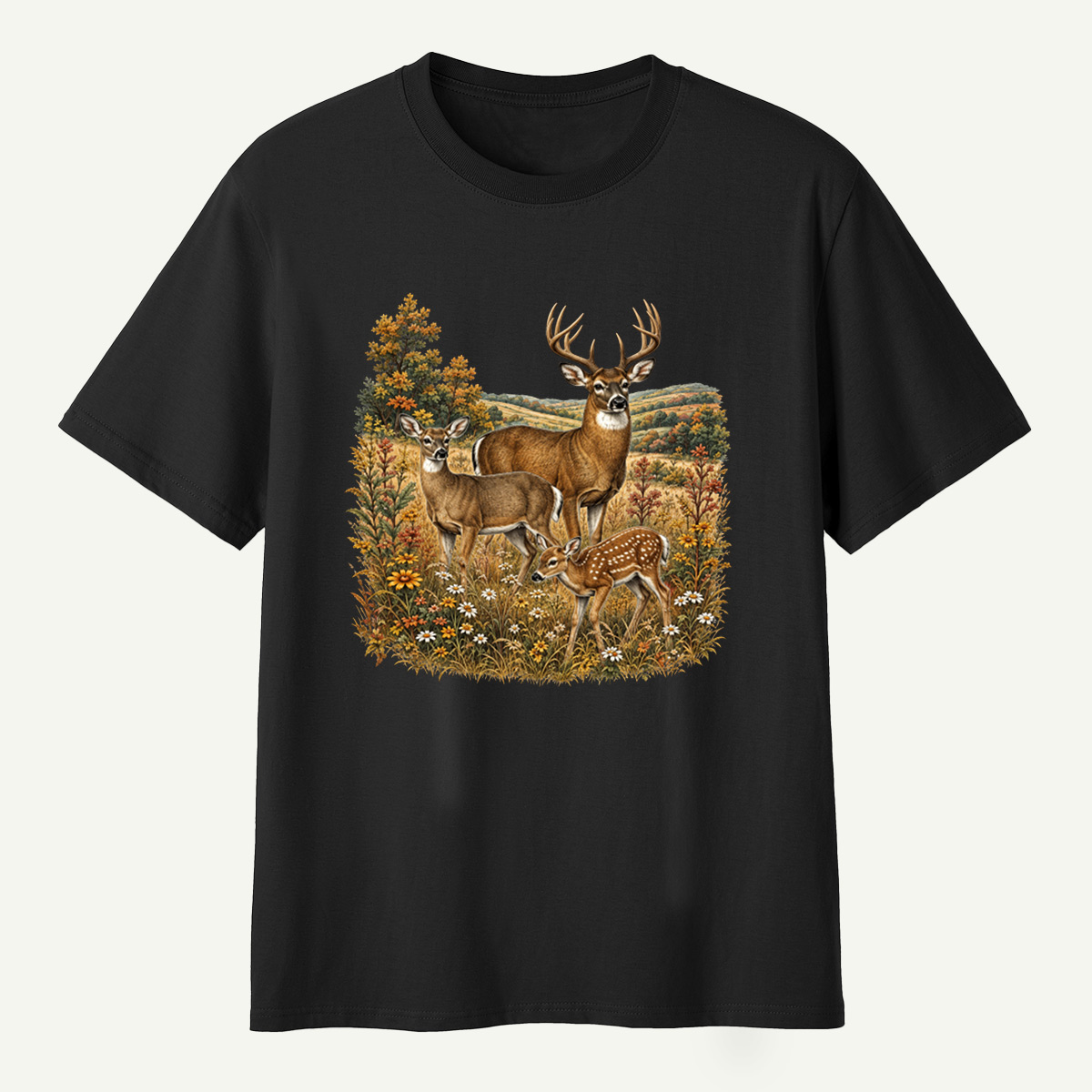 Autumn Deer Family Meadow Scene T-Shirt