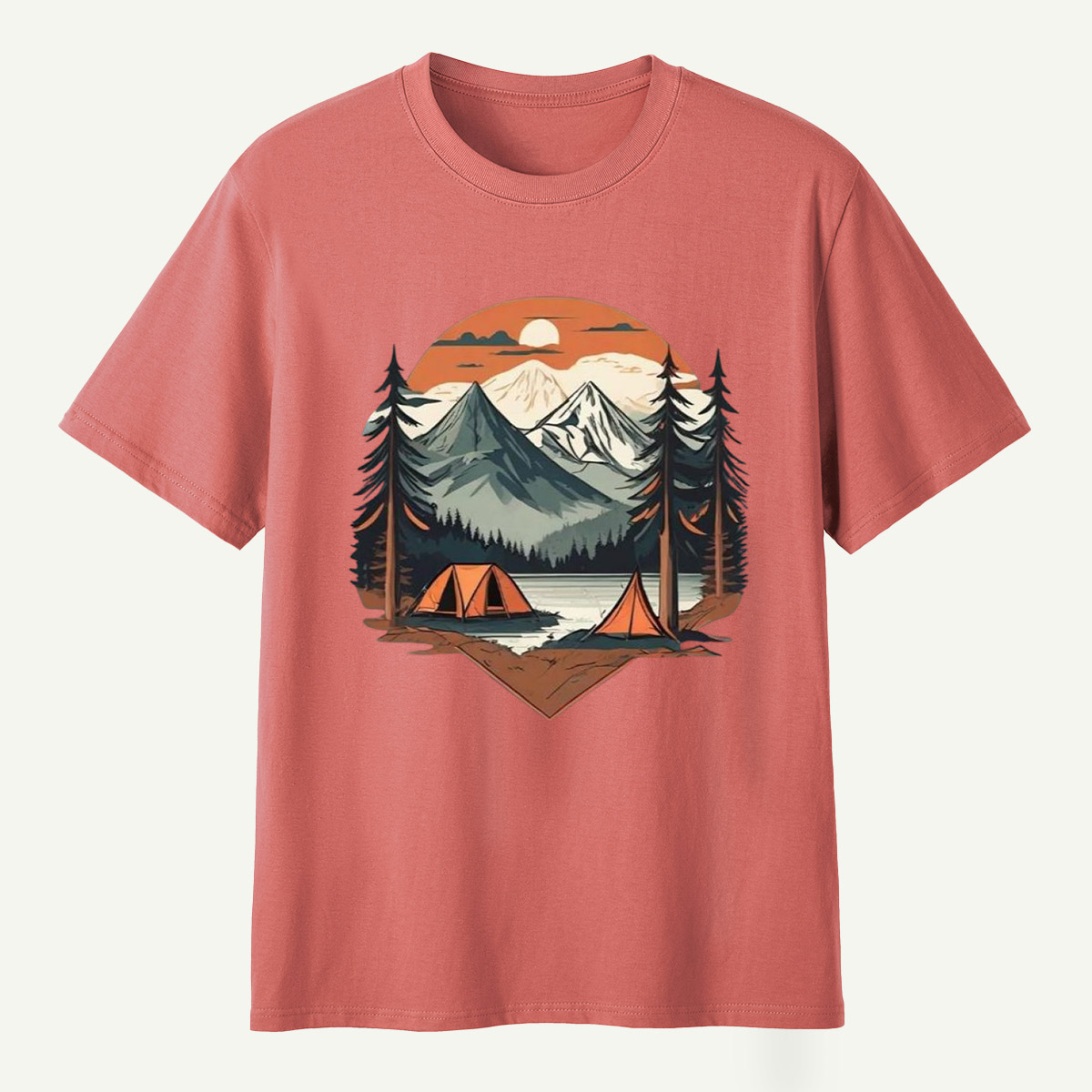 Sunset Mountain Lake Pine Forest Camping T-Shirt