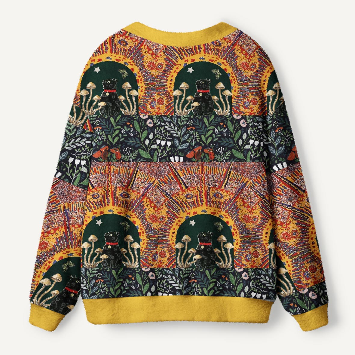 Mystical Black Cat And Mushrooms Under Psychedelic Sun Rays Ugly Cardigan Sweaters
