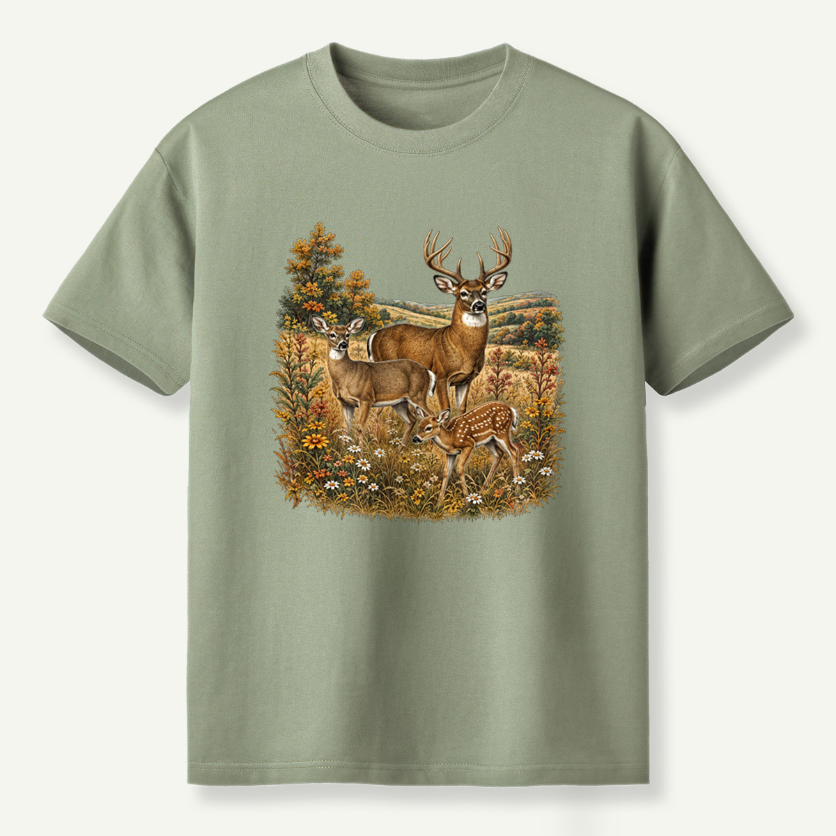 Autumn Deer Family Meadow Scene T-Shirt