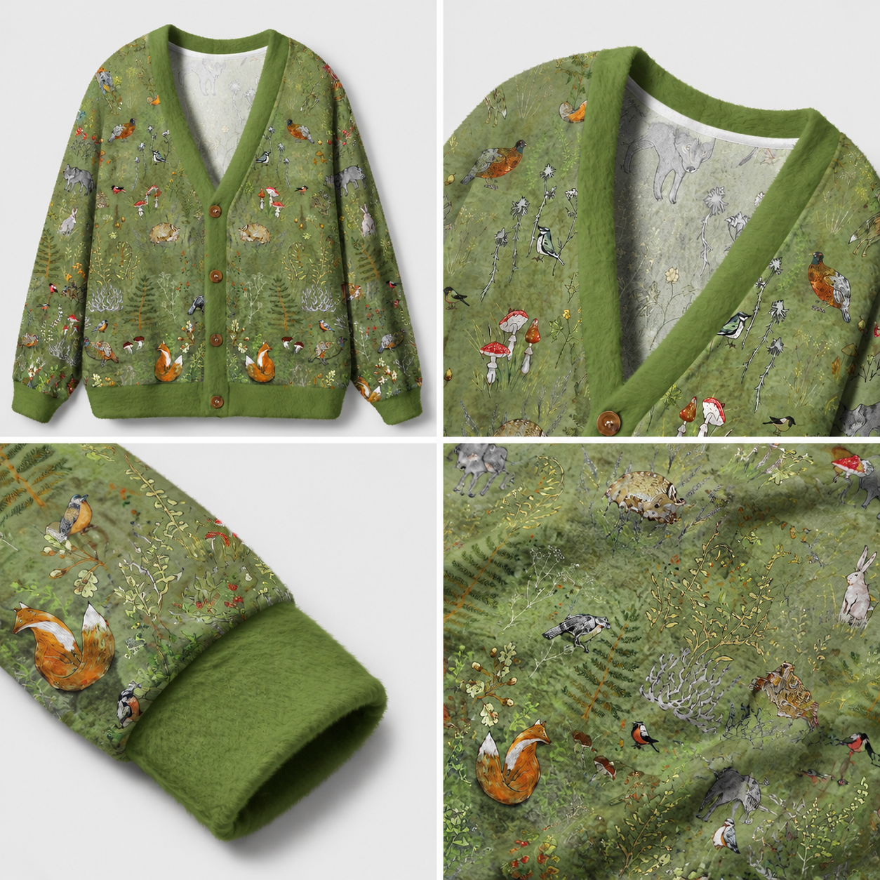 Woodland Animals and Mushrooms Ugly Cardigan Sweaters