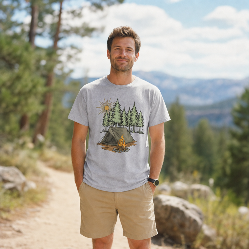 Sunny Forest Tent Campfire Illustration T-Shirt