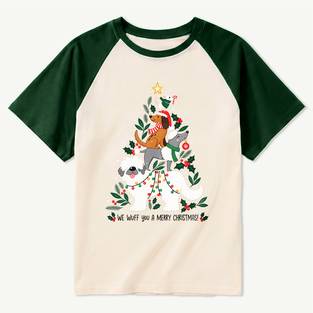 We Wuff You A Merry Christmas Stacked Dogs Raglan T-Shirt