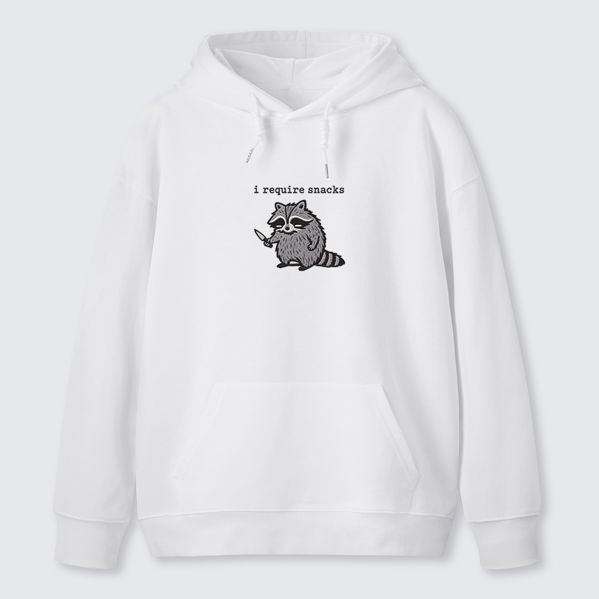 I Require Snacks Raccoon Embroidered Cotton Hoodie