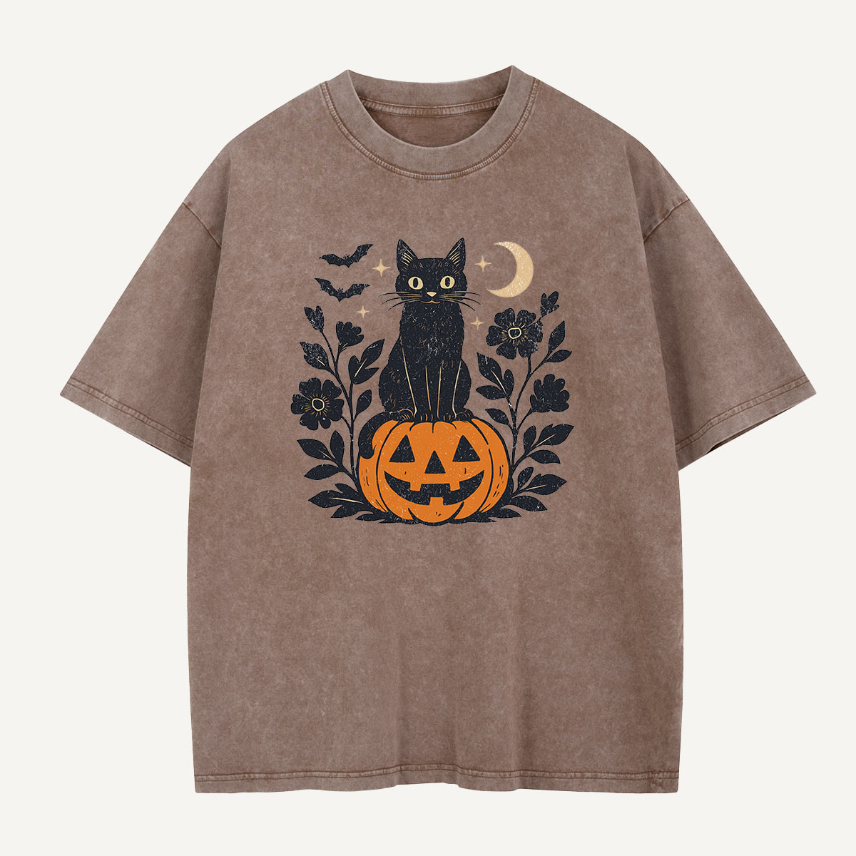 Black Cat on Pumpkin Watch Washed T-Shirt
