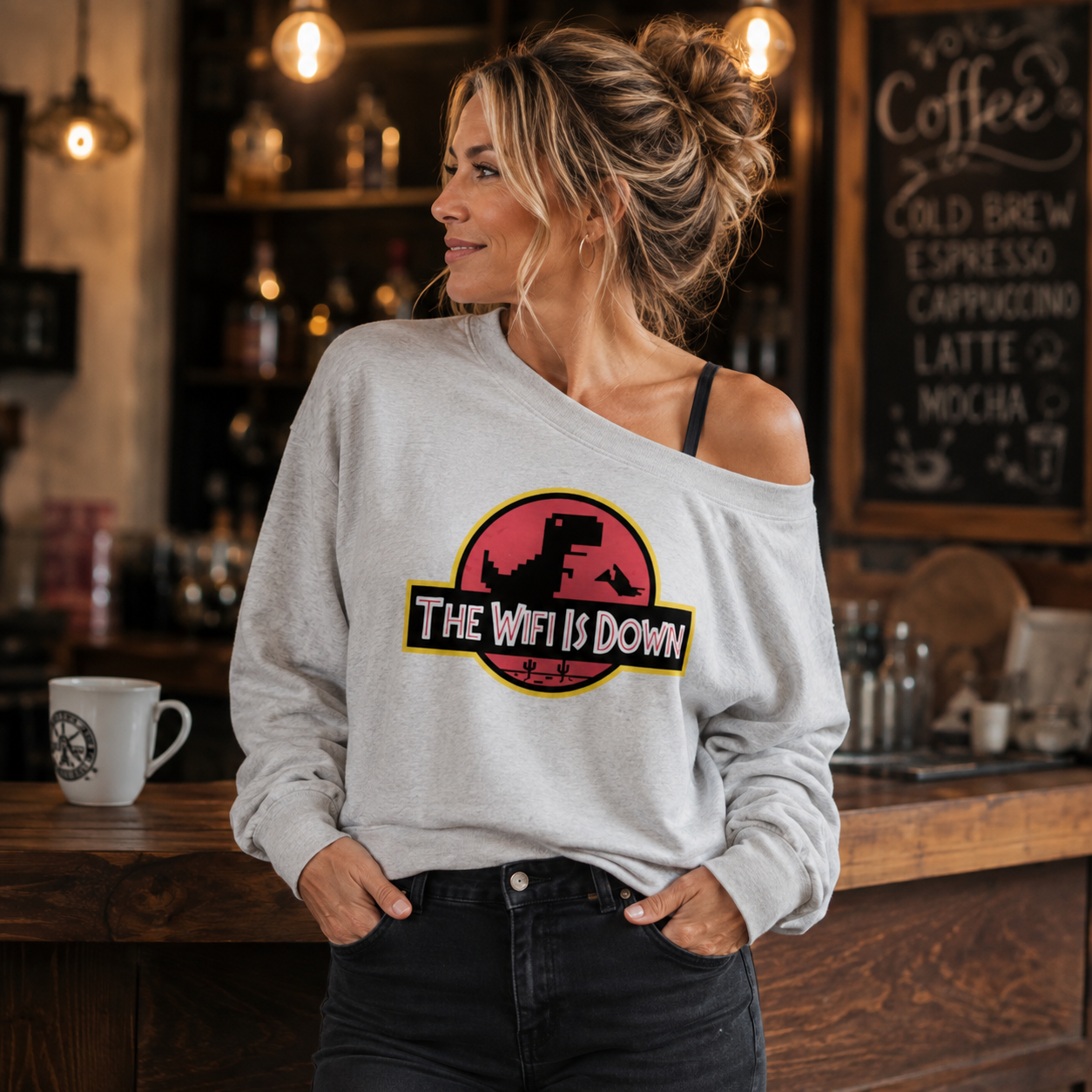 The Wifi Is Down Dinosaur Panic Women Off Shoulder Sweatshirt