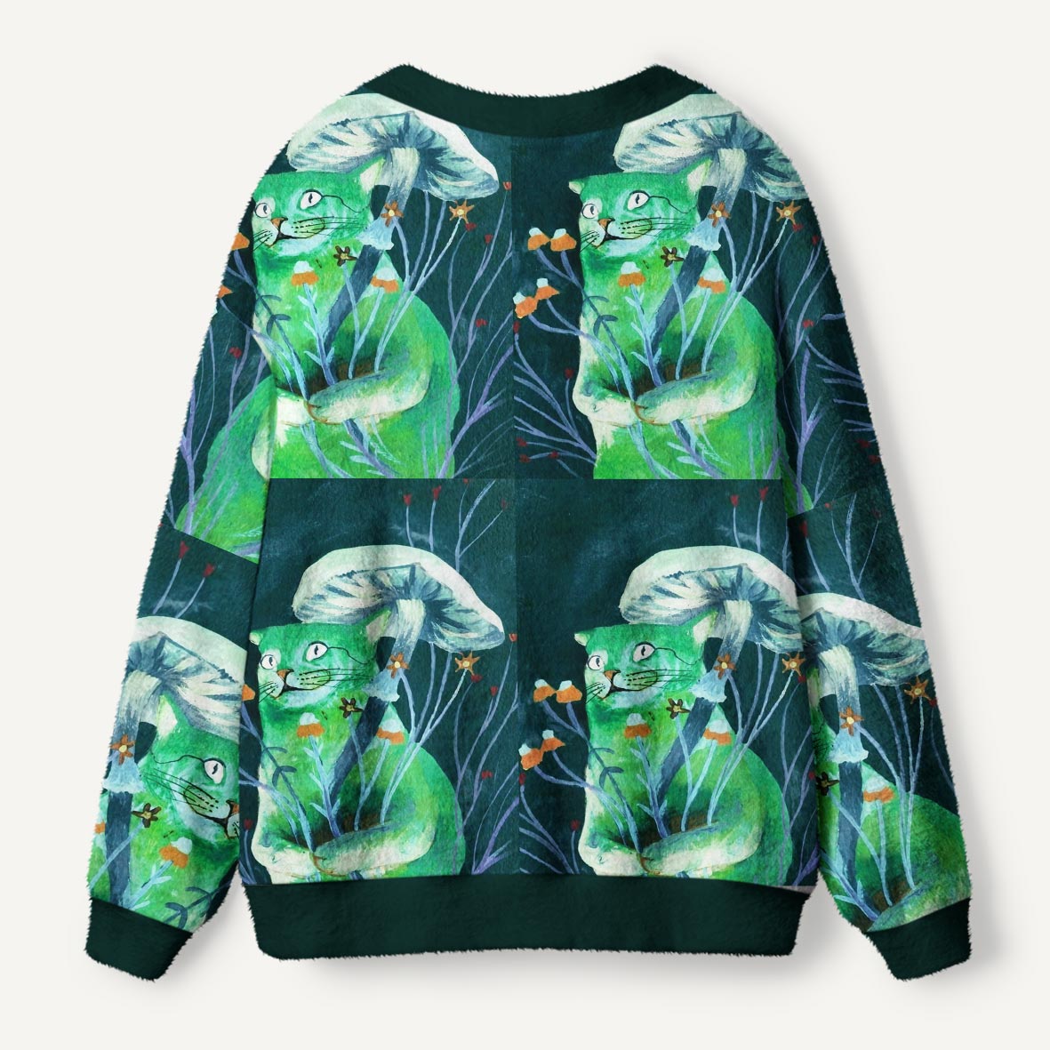 Green Cat Wearing A Mushroom Hat In Magical Flower Garden Ugly Cardigan Sweaters