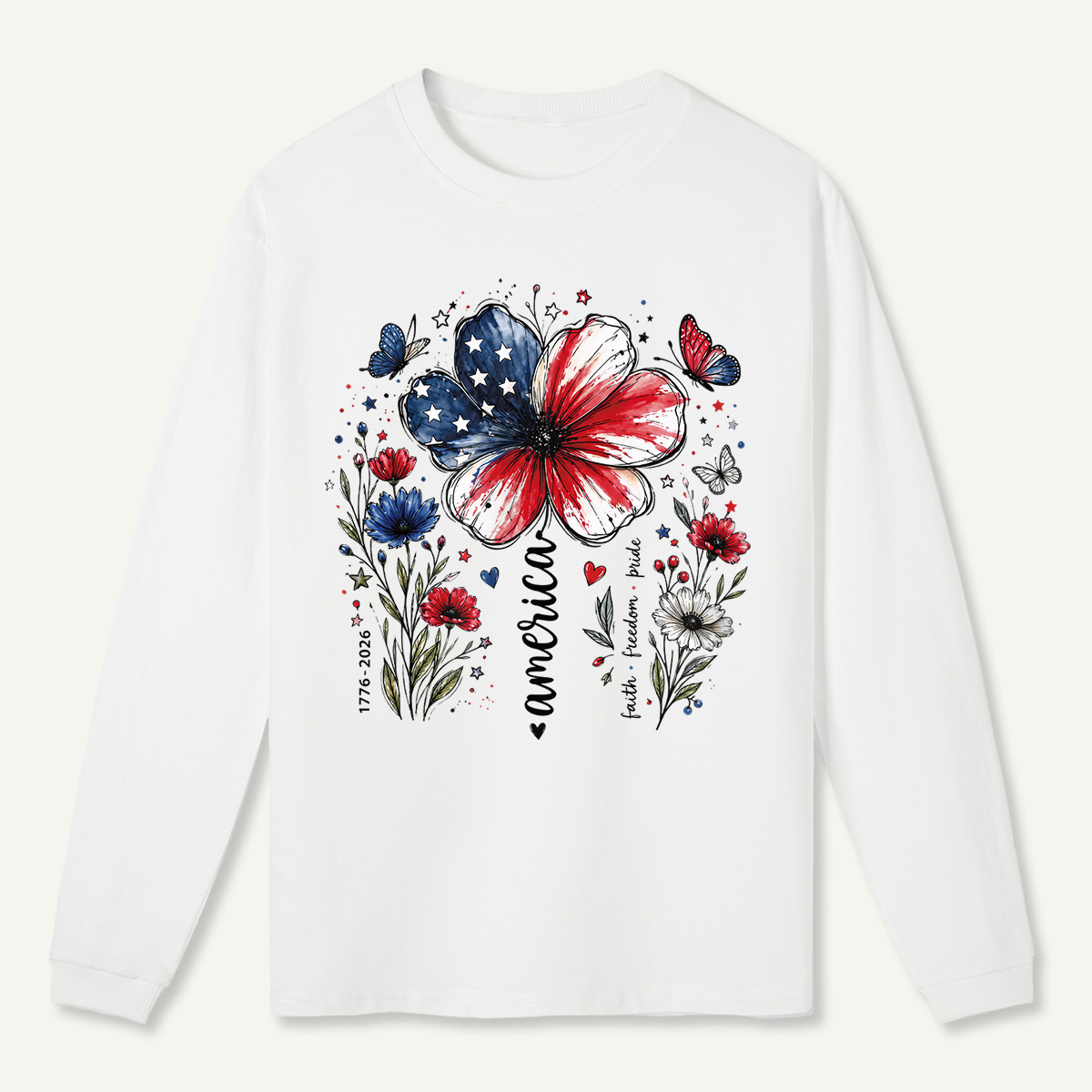 USA 250th Anniversary Floral Long Sleeve T-Shirt