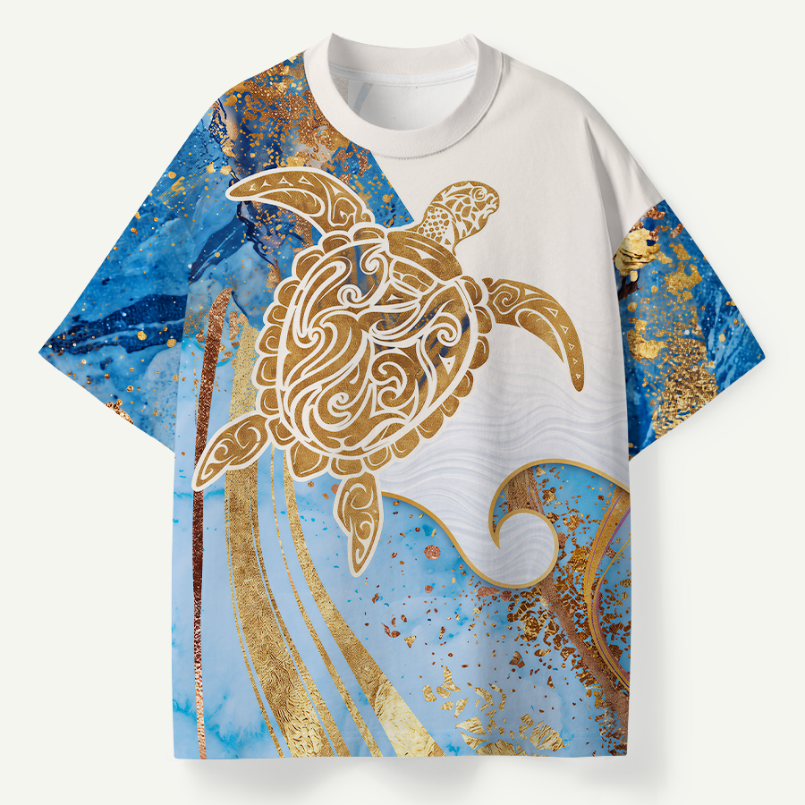 Golden Sea Turtle Ocean Wave Art Premium Pure Cotton Tee