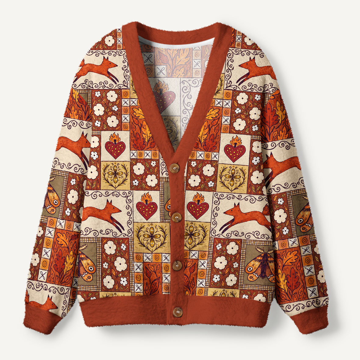 Vintage Fox Moth And Autumn Folk Patchwork Ugly Cardigan Sweaters