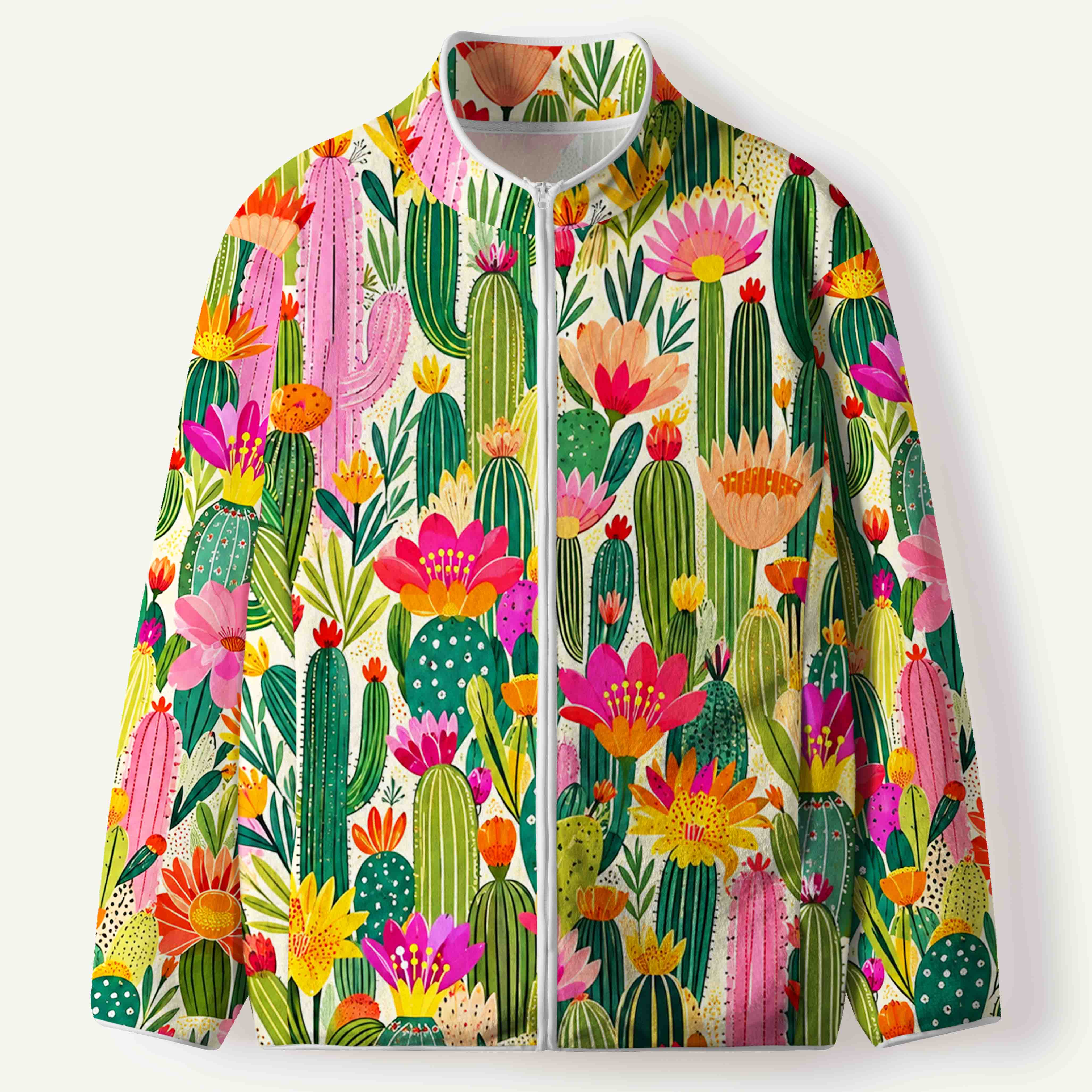 Colorful Desert Cactus Garden Blooming Cactus Flowers Women's Flannel Zip Front Cardigan