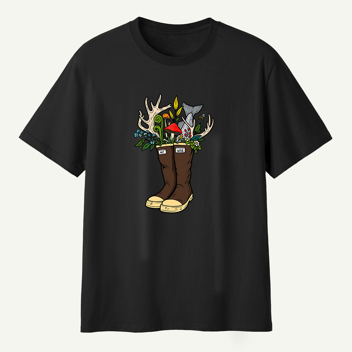 Wild Boots Antlers Mushroom Forest Botanical Arrangement T-Shirt