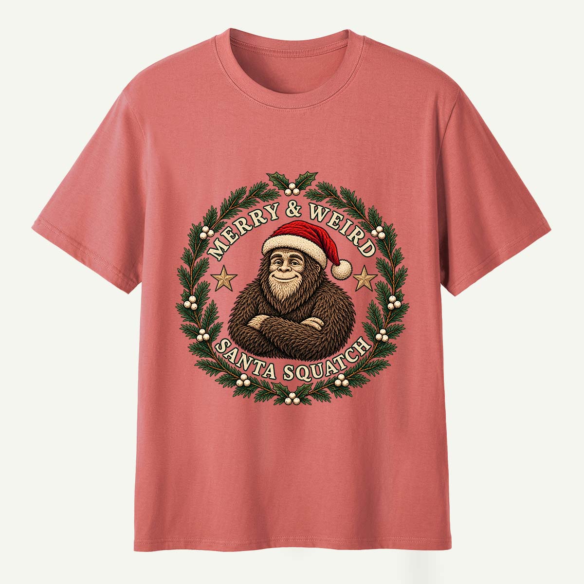 Merry And Weird Santa Squatch Christmas Wreath T-Shirt