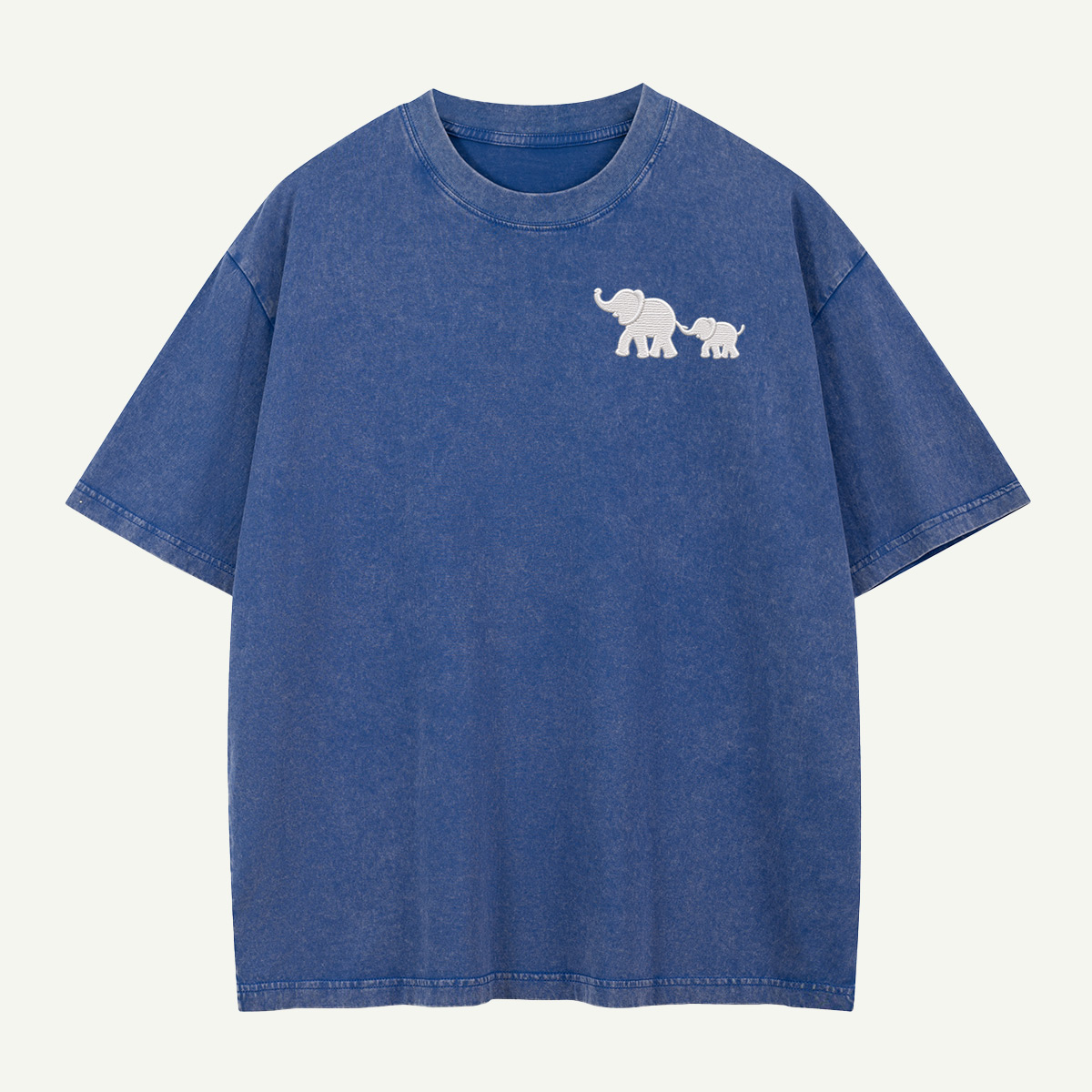 Mother And Baby Elephant White Silhouette Embroidered Washed T-Shirt