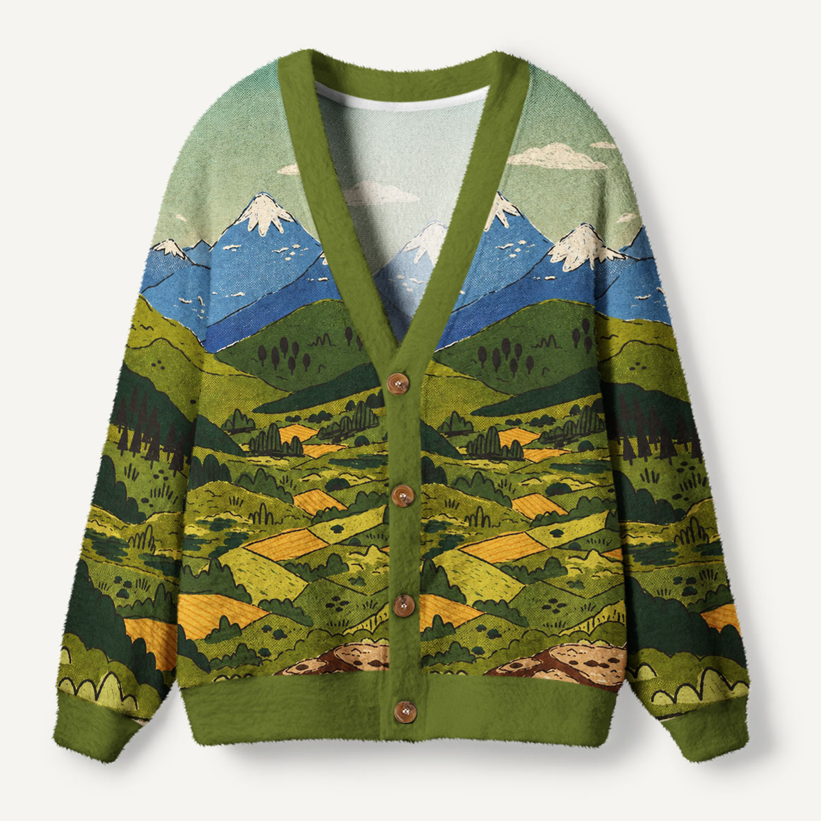 Vintage Folk Art Mountain Landscape With Floral Border Ugly Cardigan Sweaters