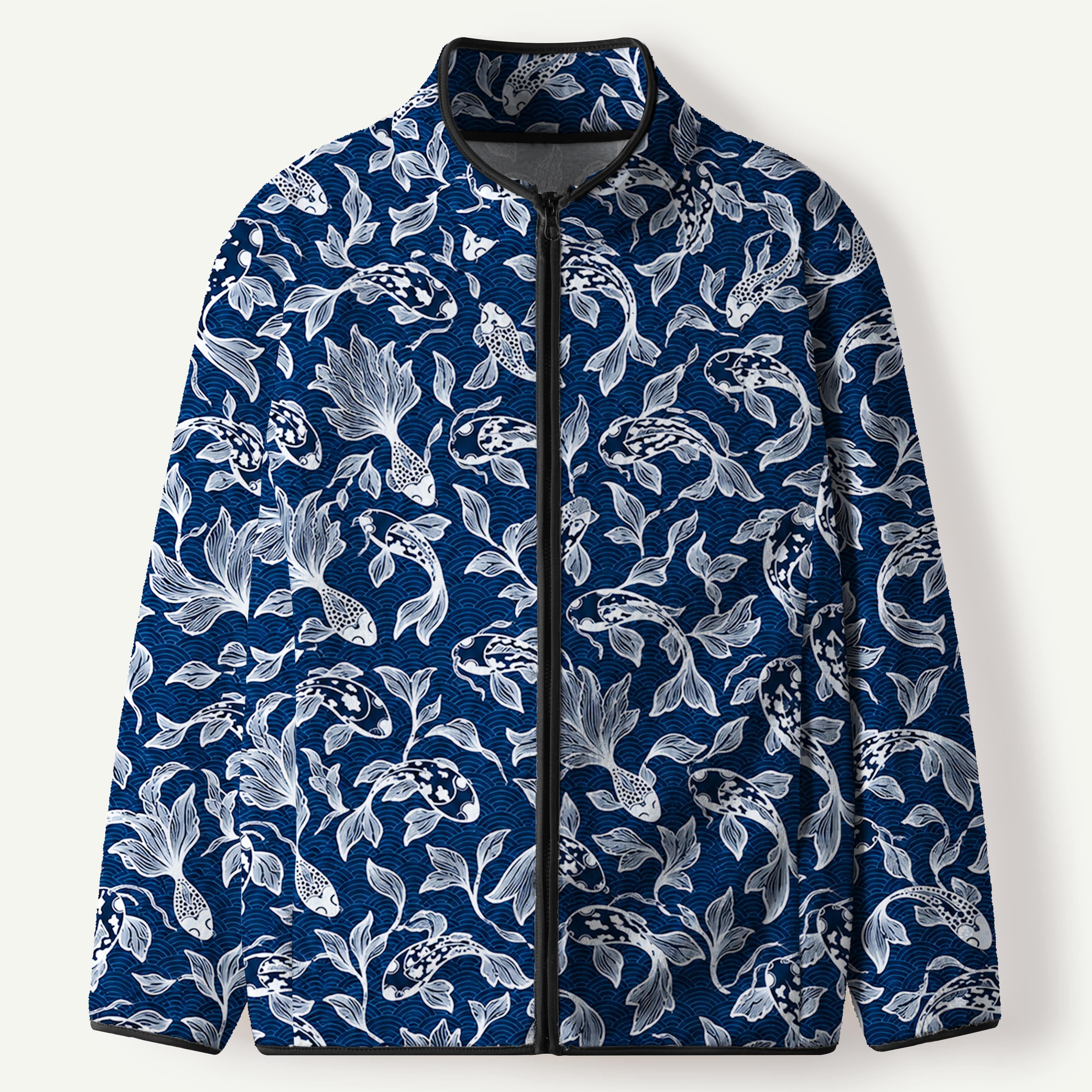 Koi Fish Deep Sea Wave Pattern Men's Flannel Zip Front Cardigan