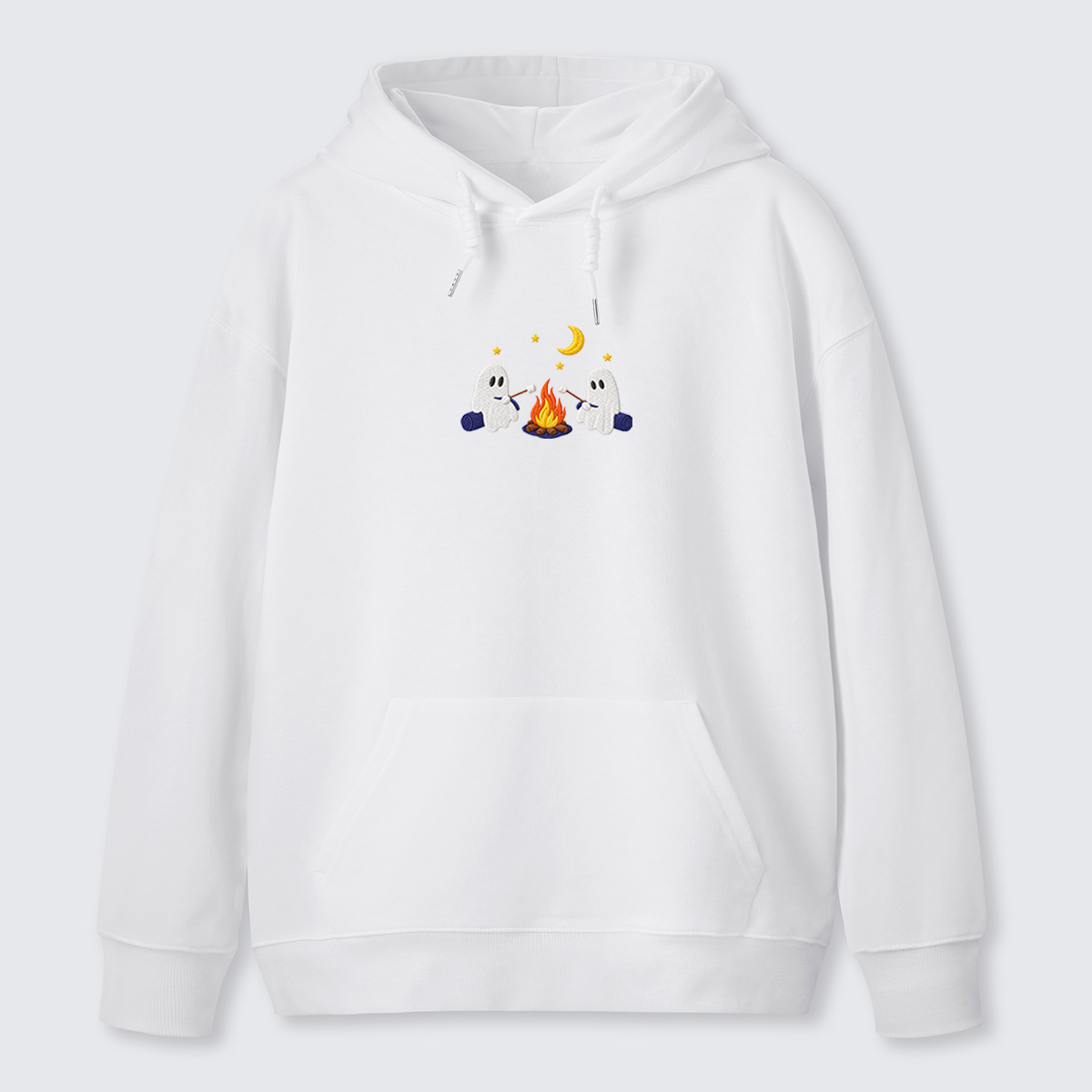 Ghost Campfire Under Moon Embroidered Hoodie