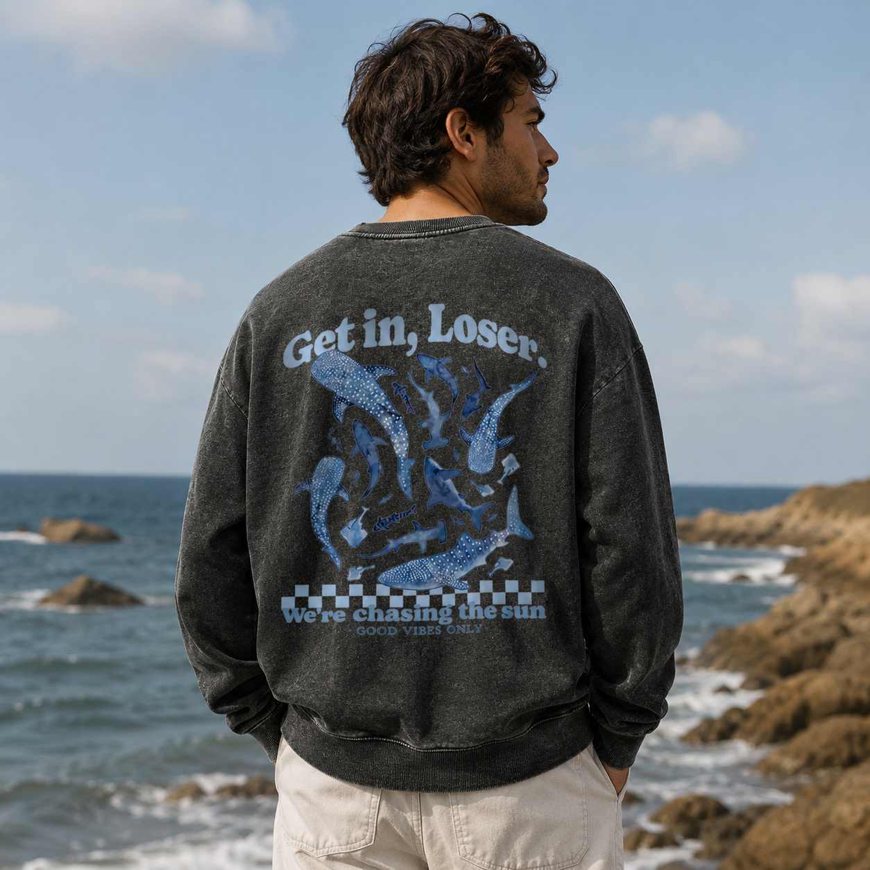 Get In, Loser, We’re Chasing the Sun Washed Sweatshirts