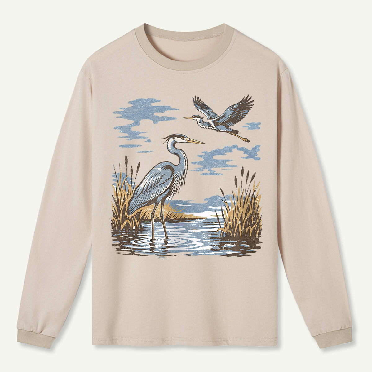 Vintage Heron Wetland Bird Nature  Long Sleeve T-Shirt
