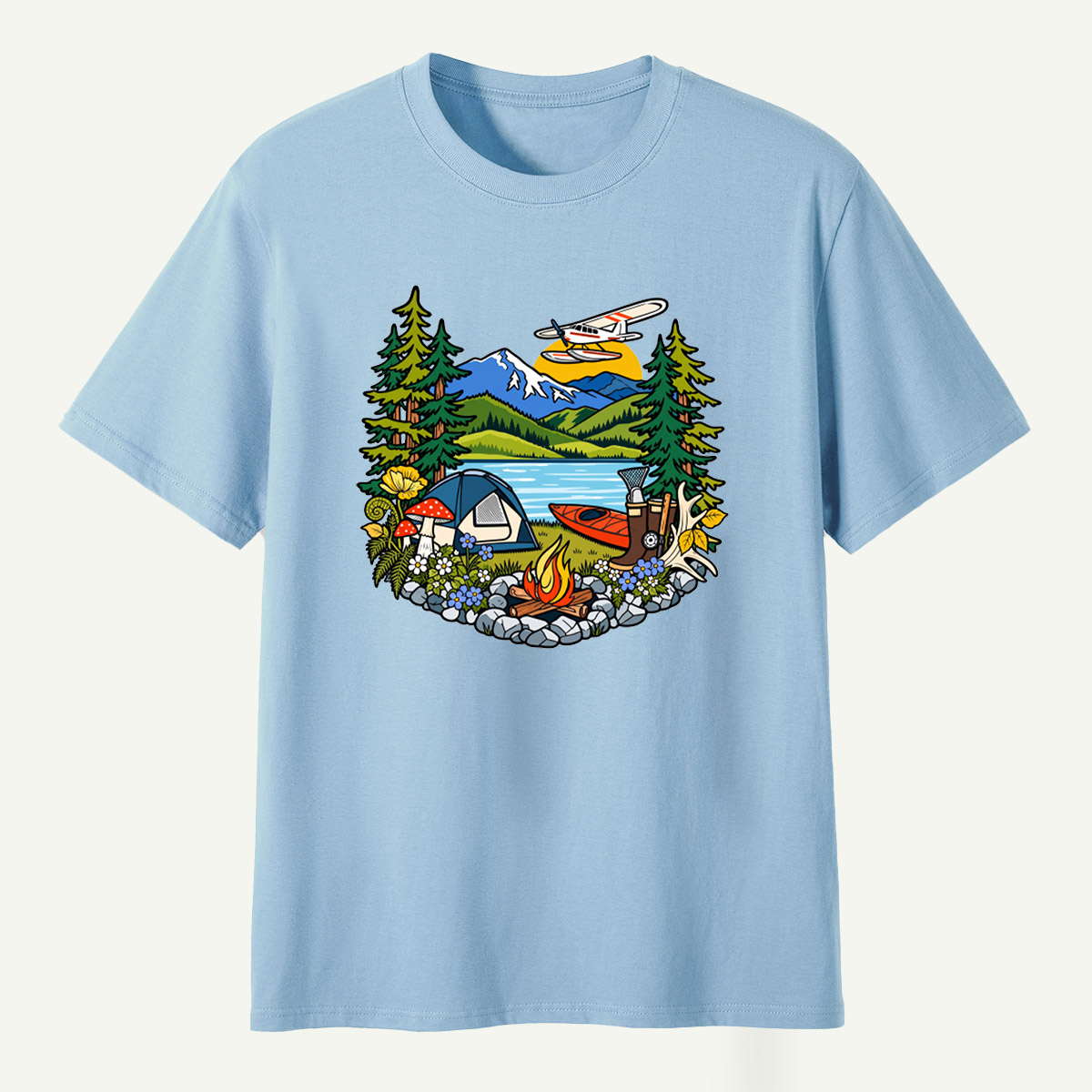 Lake Camping Kayak Seaplane Wilderness Scene T-Shirt