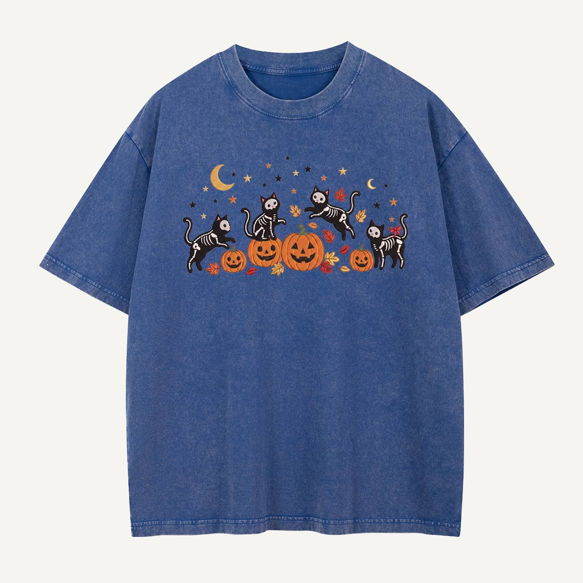 Skeleton Cats Pumpkin Party Washed T-Shirt