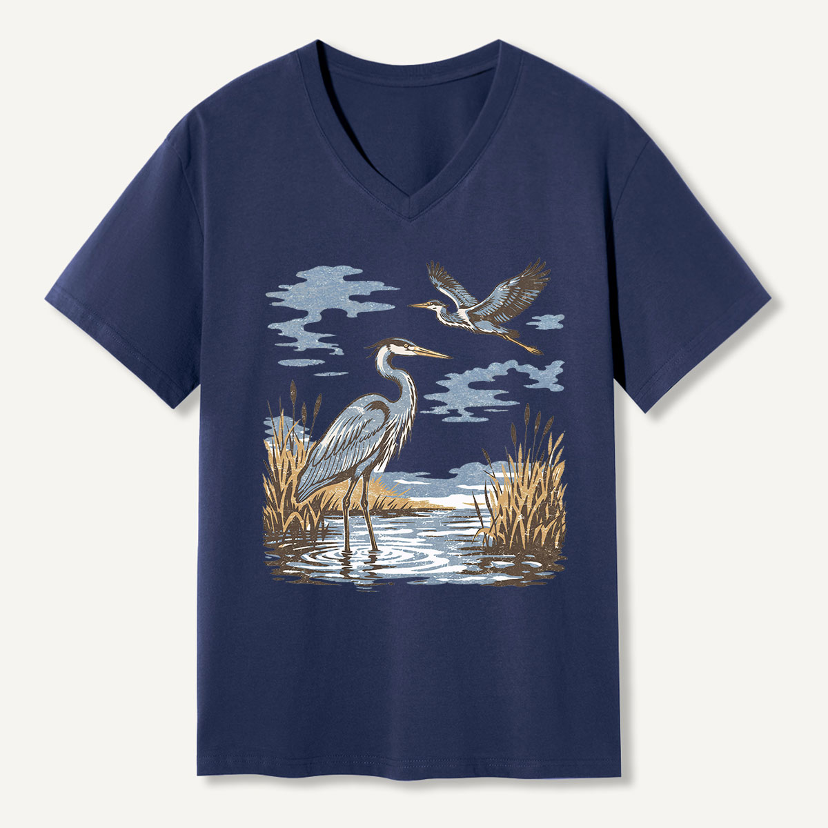 Vintage Heron Wetland Bird Nature V-neck T-Shirt