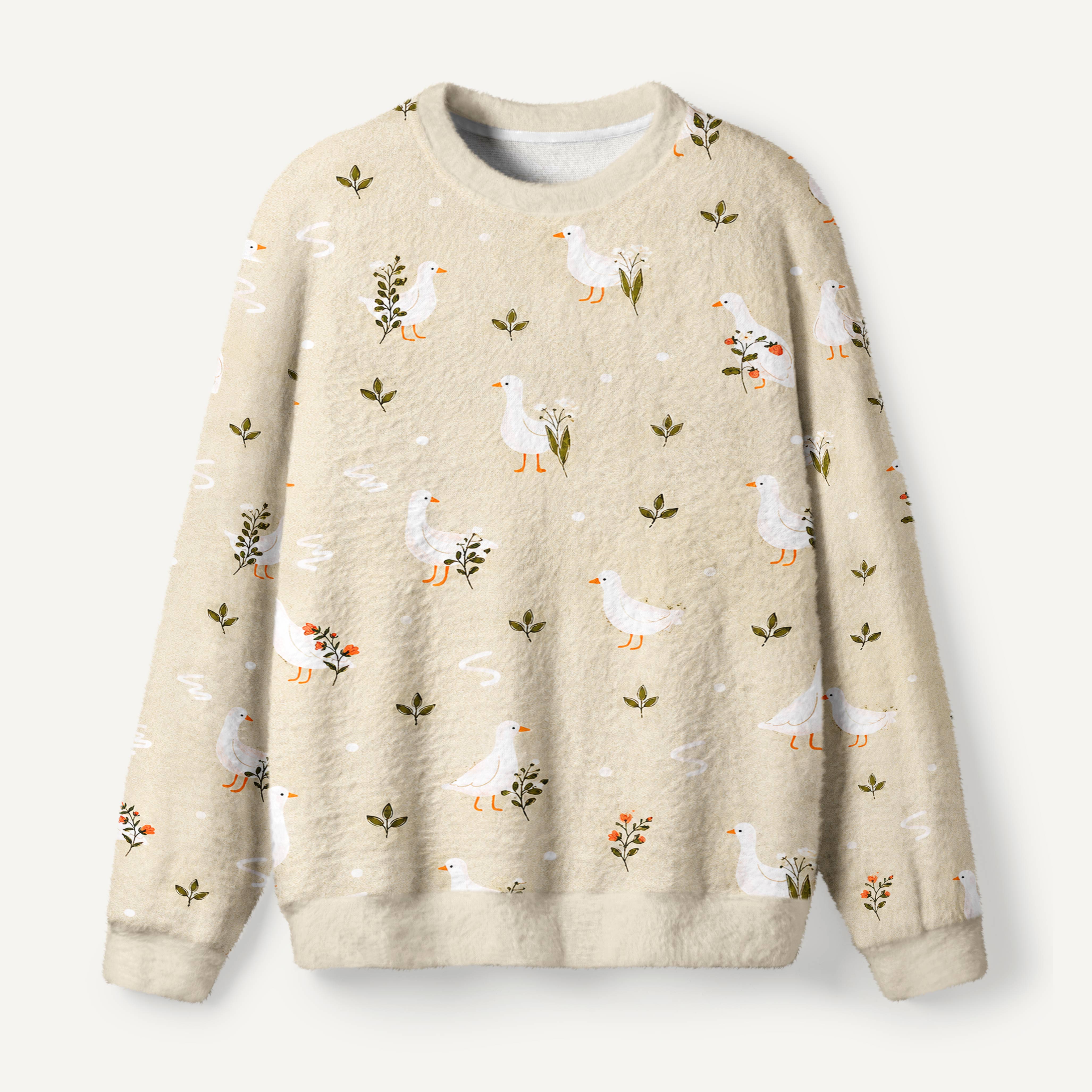 White Goose Wildflower Garden Ugly Fuzzy Fleece Sweatshirt